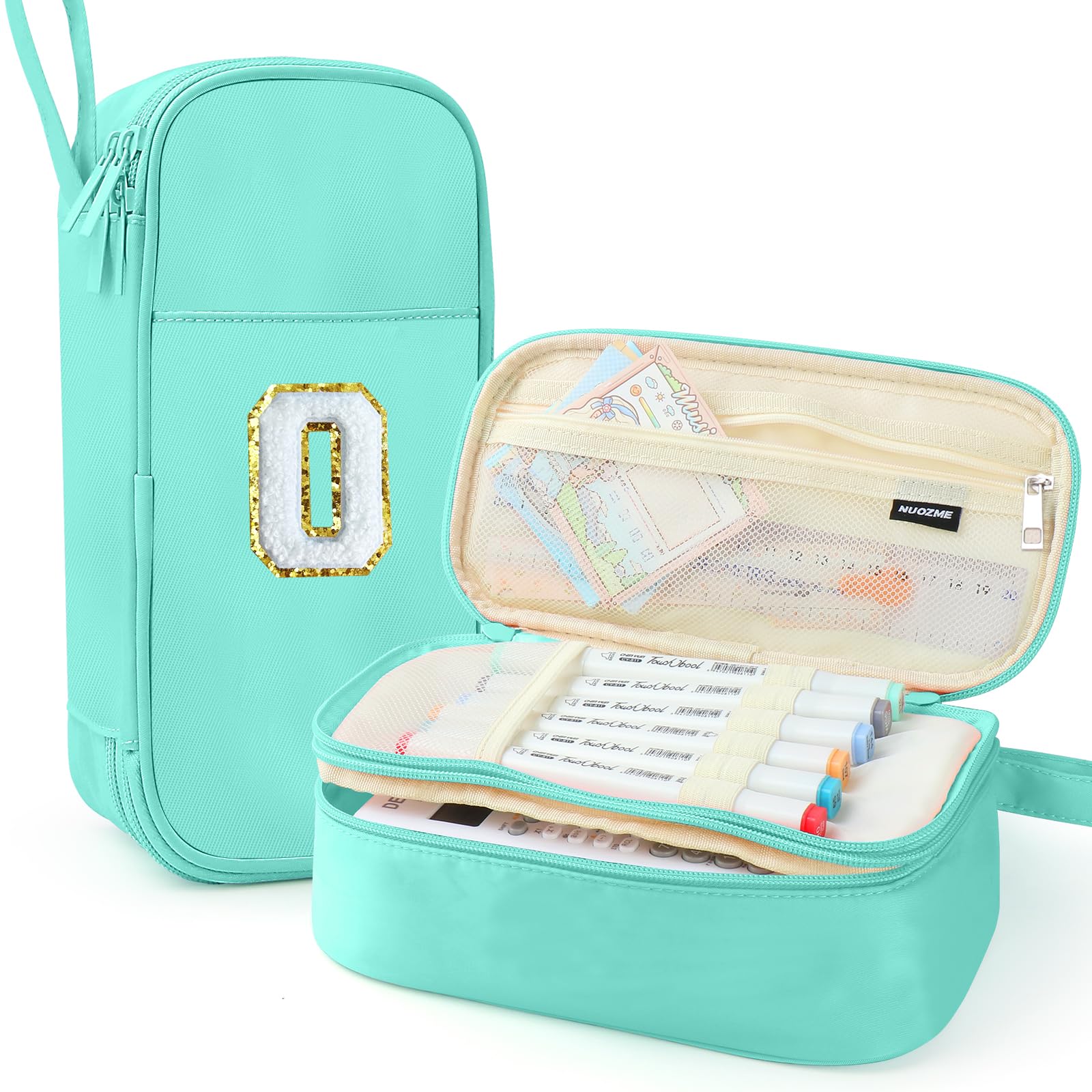 Nuozme Large Pencil Case,Big Capacity Pencil Pouch,Personalized Initial Pencil Bag with Smooth Zipper,Multiple Pockets,Cute Aesthetic Stationery Pen Case Bag for Teen Girls College (Mint Green, O)