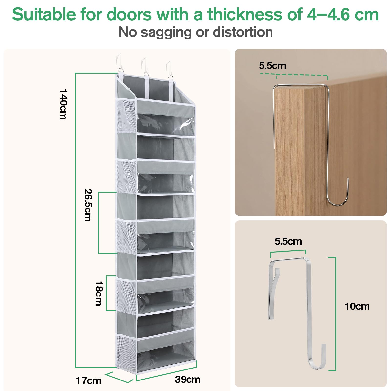 OTraki Wiszący organizer do szafy, 140 x 39 x 17 cm, 5 półek, przezroczyste okienko, z 10 kieszeniami bocznymi z siateczki, z metalowymi haczykami, do łazienki, sypialni, kuchni
