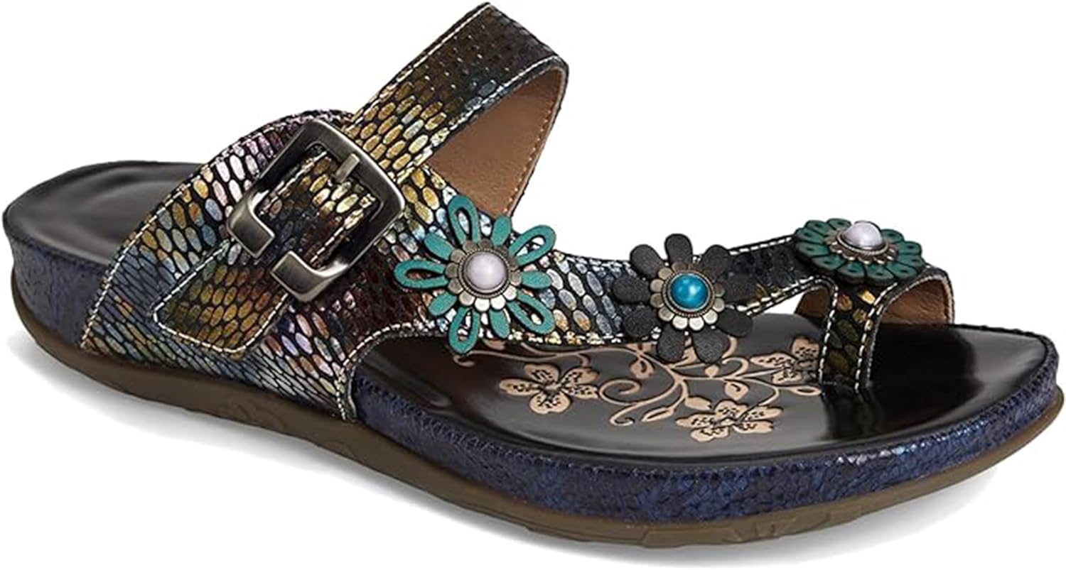 Spring Step L'Artiste Women’s Kindness Slide Sandals - Adjustable Hook and Loop Strap with Snake Skin Pattern Leather - Flexible Sole, Comfortable Flat Heel