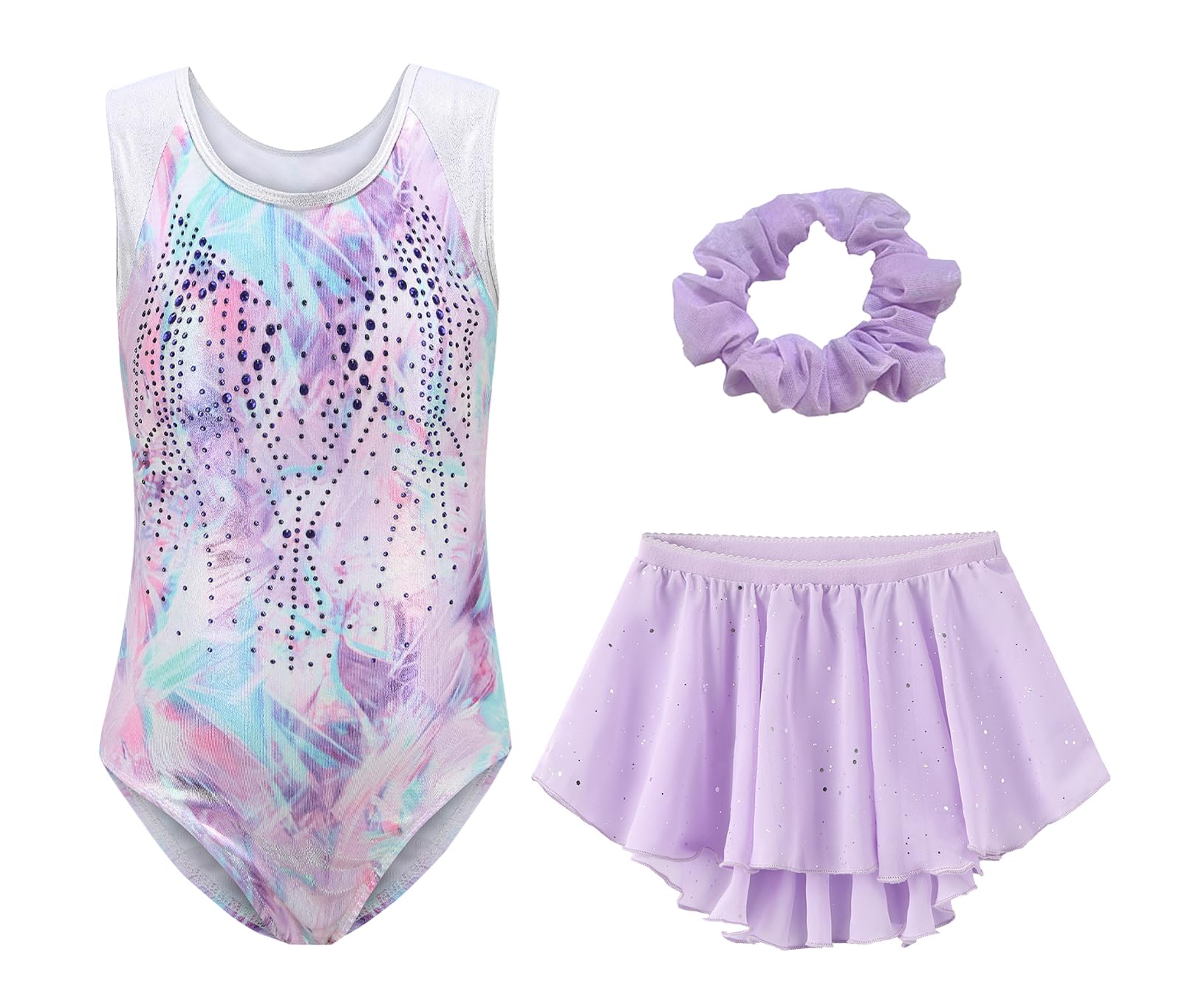 SEAUR Ragazza Body Ginnastica Senza Maniche Ginnastica Set Ginnastica con Gonna e Fascia Multicolore Glitter 5-12 anni