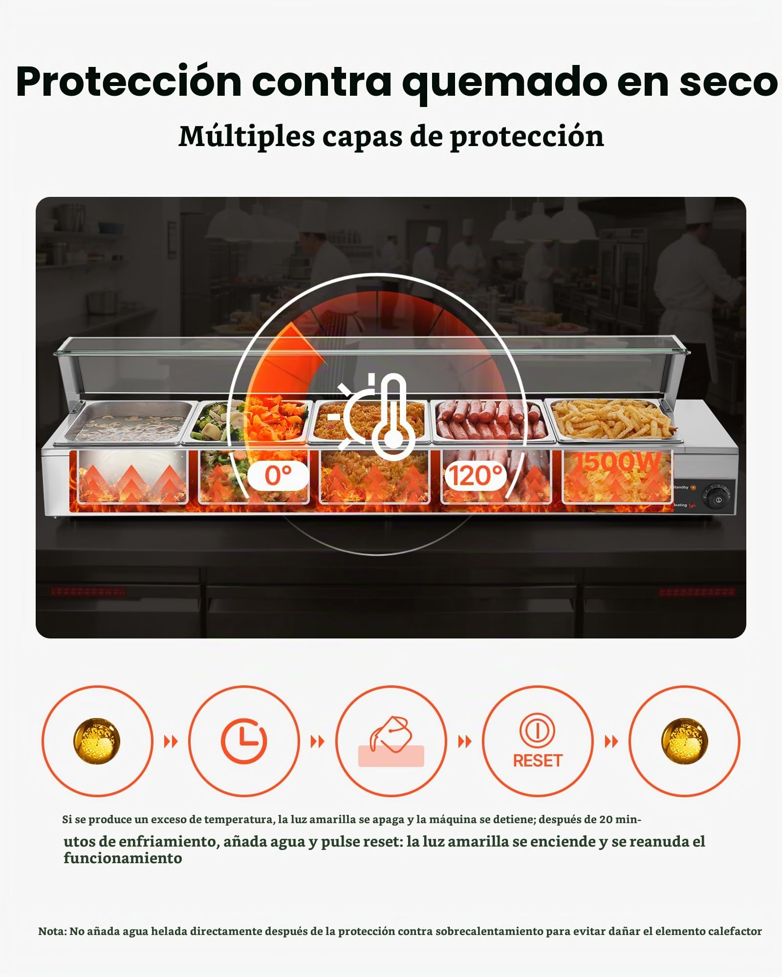 VEVOR Calentador de Alimentos Eléctrica, con Tapa de Vidrio y 5 Recipientes, 1,5 kW, de Acero Inoxidable, con Baño María, para Restaurantes, Fiestas y Bufés, 30-85 ℃, 1450 x 365 x 335 mm, Plata