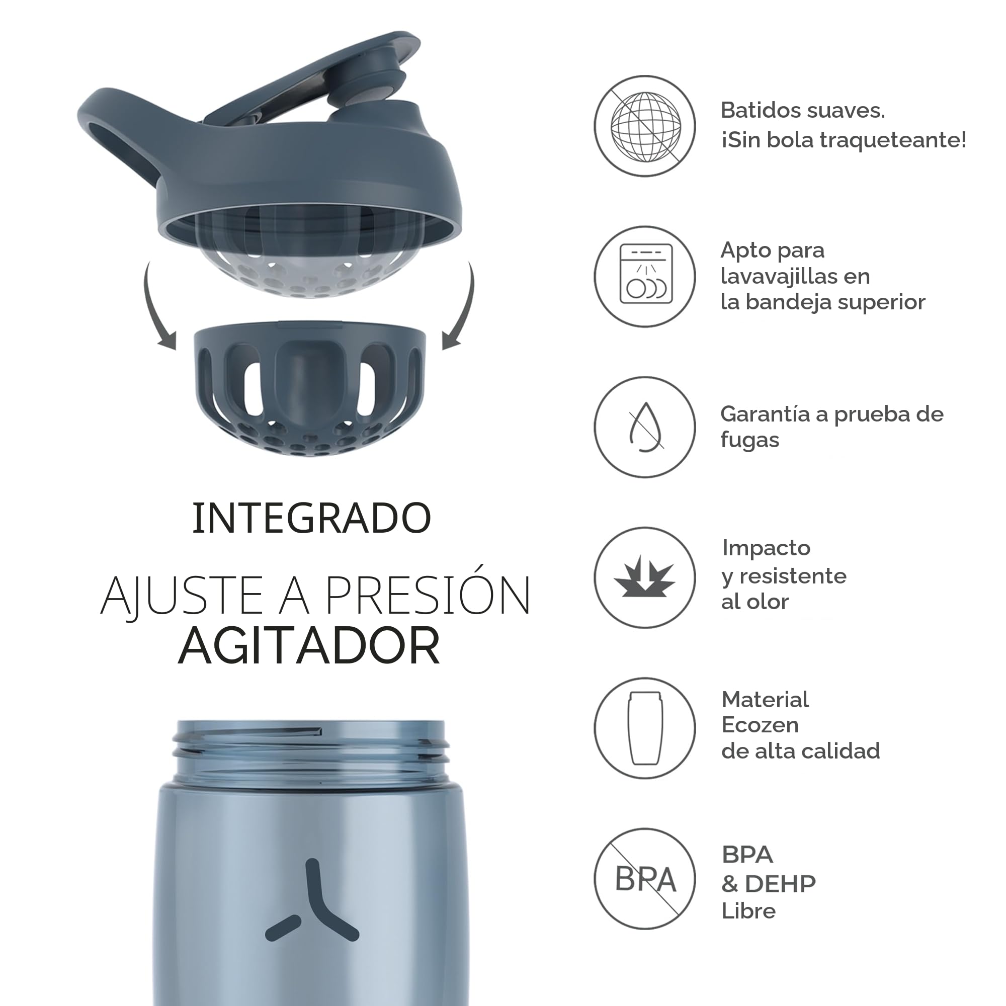 PROMIXX PURSUIT botella mezcladora de proteínas 2 unidades, botellas mezcladoras deportivas para mezclas de proteínas y batidos de suplementos – Azul Medianoche, Gris Grafito, 950ml