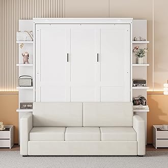 Queen Murphy Bed with Couch and Storage Shelves,Wood Murphy Wall Bed Cabinet with Storage Shelves and Sofa,Folding(White)