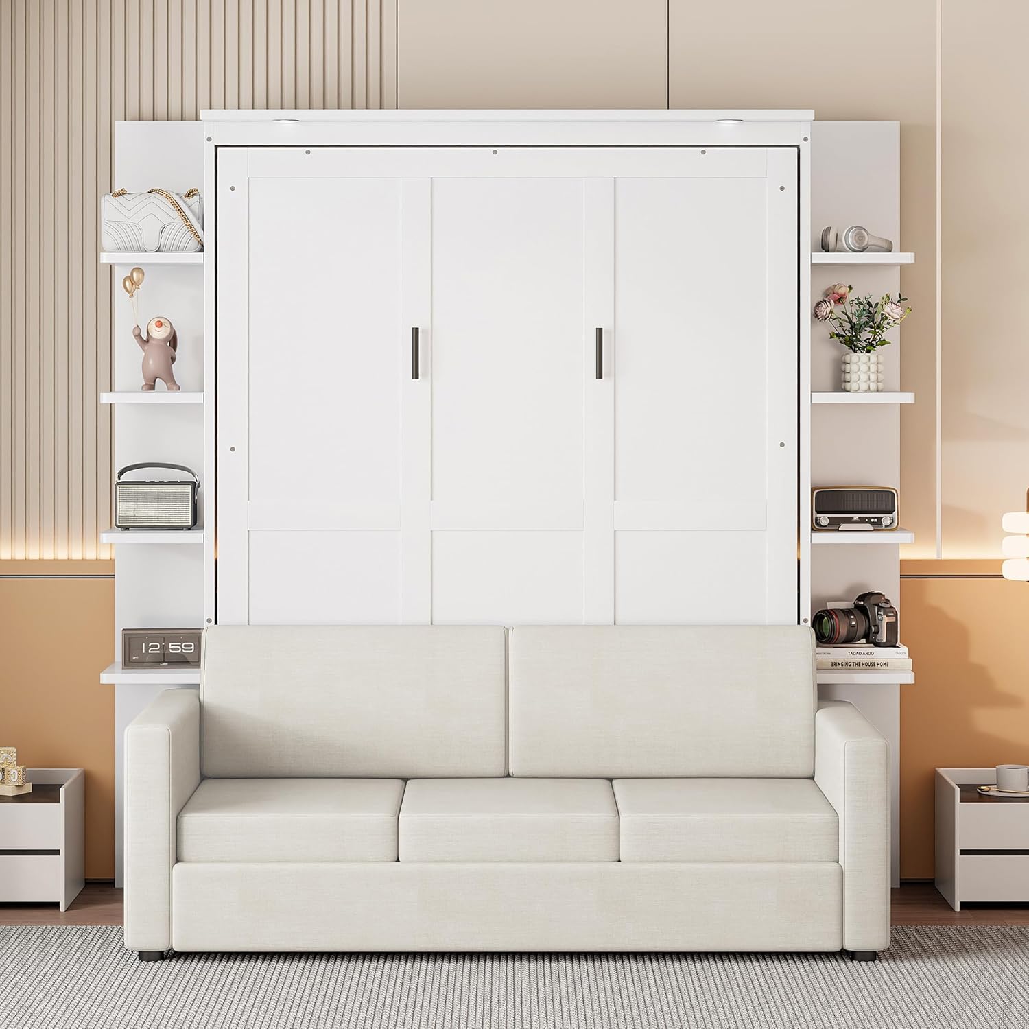 Queen Murphy Bed with Couch and Storage Shelves,Wood Murphy Bed Cabinet with Storage Shelves and Sofa,Folding Murphy Wall Bed Queen Size (White)