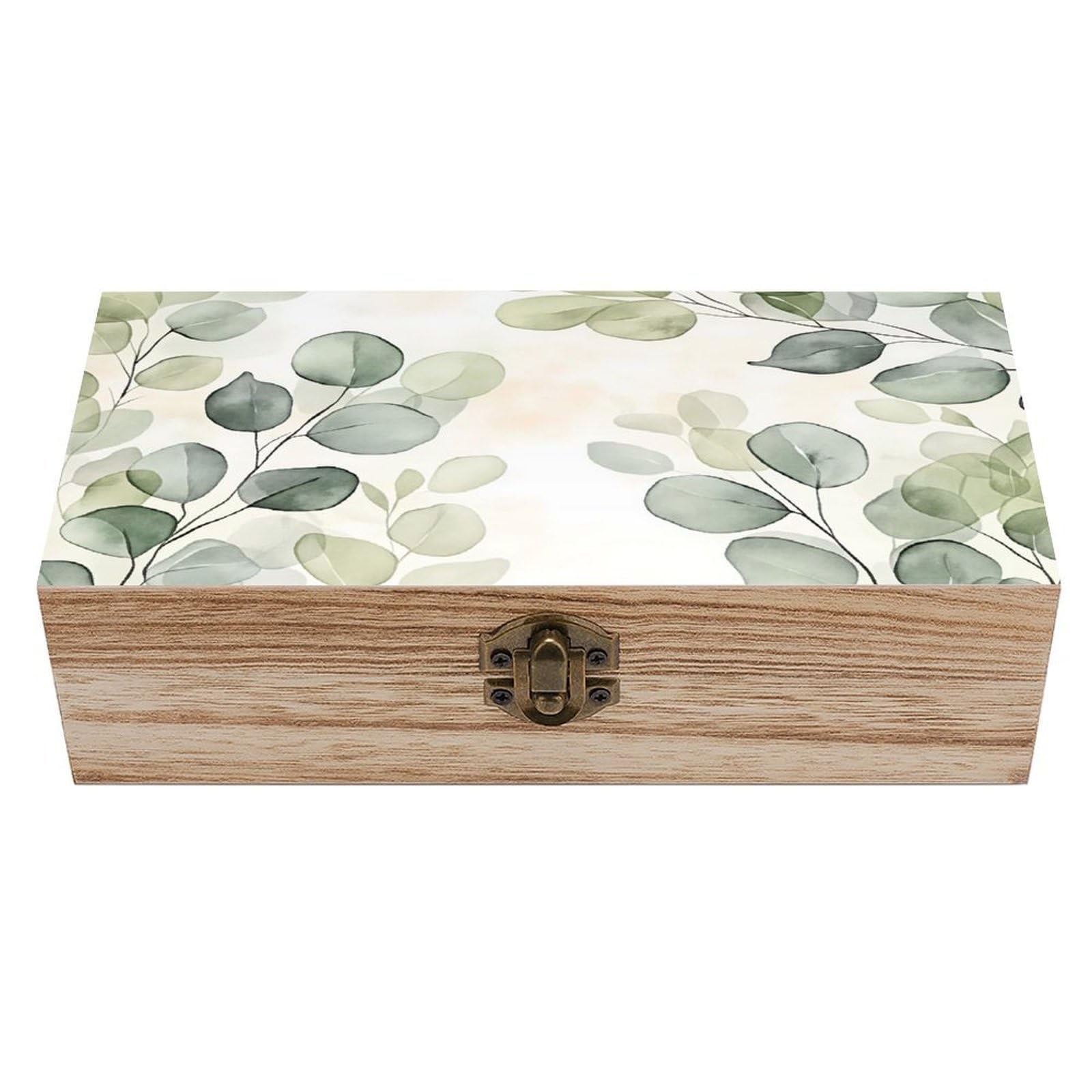 HLBSDM Watercolor Eucalyptus Leaves Vintage Wooden Keepsake Box with Hinged Lid And Locking Clasp, Decorative Storage Box for Jewelry, Trinkets And Small Accessories, Organizer for Home Or Wedding