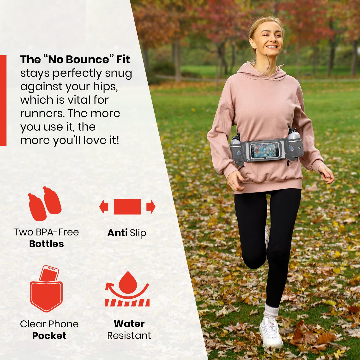 Runtasty Trinkgürtel Nr. 1 – Premium-Gewinner Lauf-Kraftstoffgürtel mit 2 BPA-freien 284 ml Wasserflaschen, kippbare Tasche mit Touchscreen-Ready-Abdeckung, passend für alle iPhones, federndes Design,