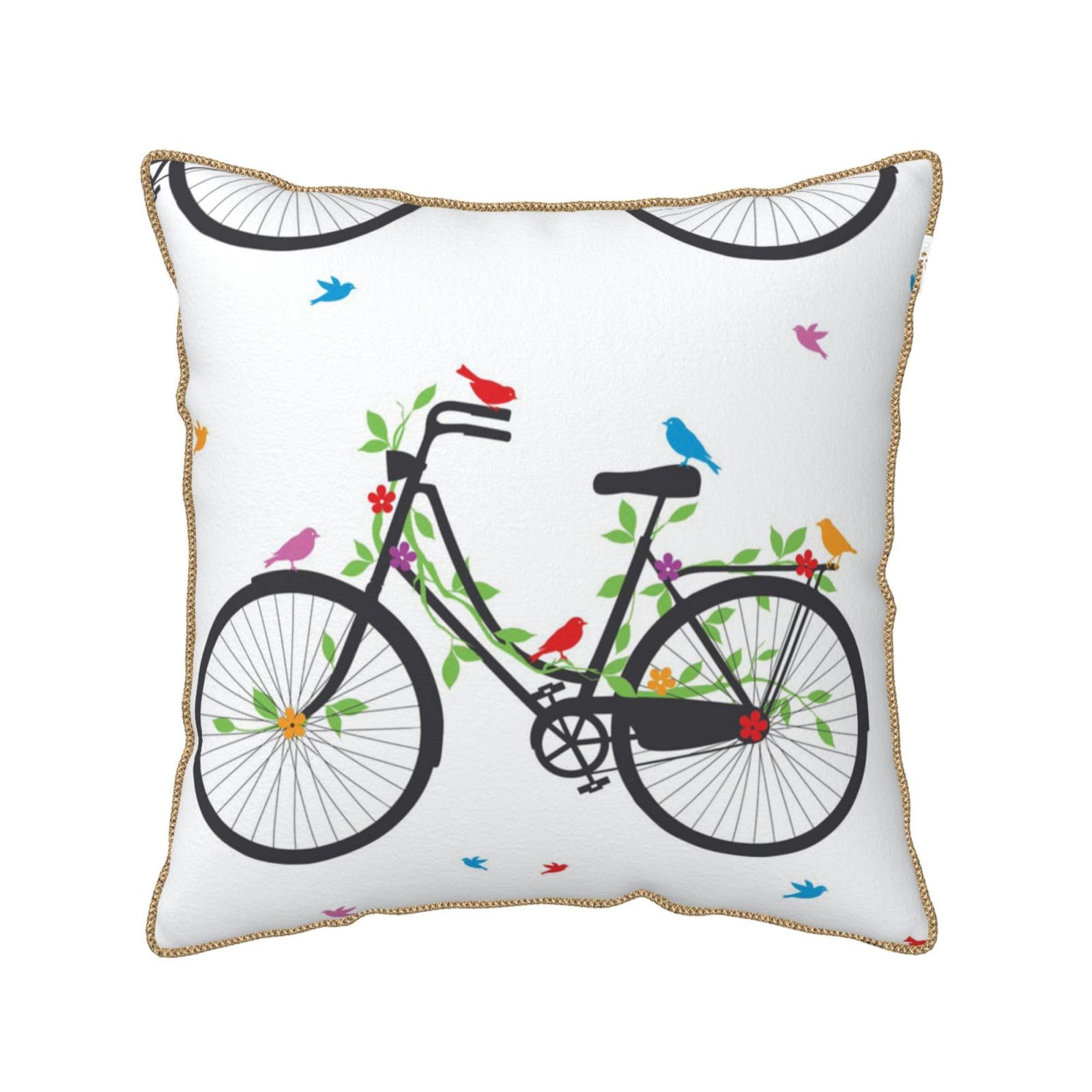Housse de coussin en velours doux imprimé oiseaux et fleurs vélos