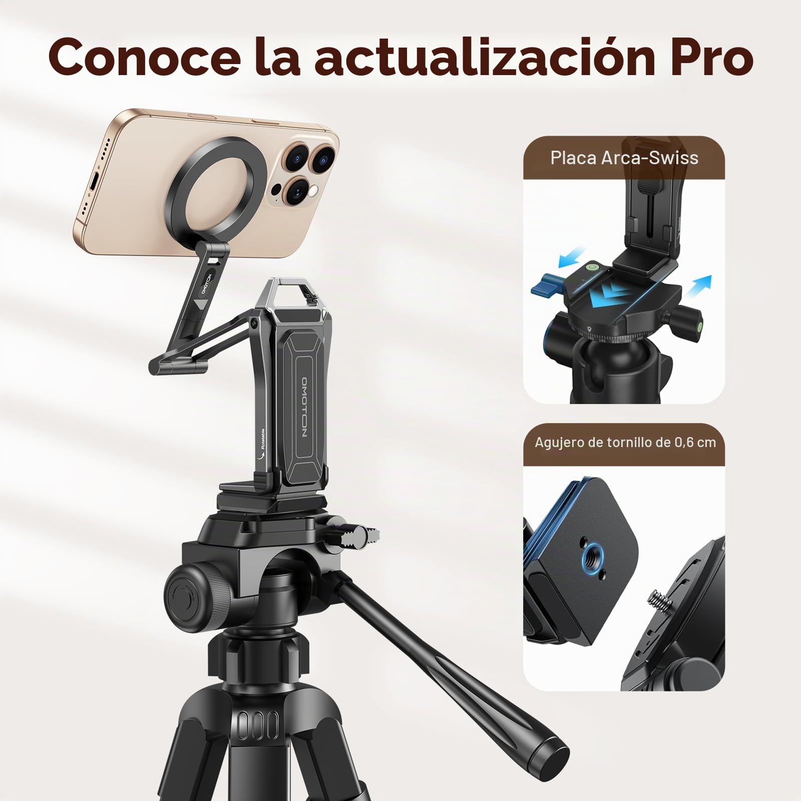 OMOTON TP02 Pro Trípode 360° Giratorio para MagSafe, con Tornillo de 1/4" y Placa Arca Swiss, imán Trasero, Kit Esencial para Creadores de Contenido y Gimnasio. Palo Selfie para iPhone 12-17 Series