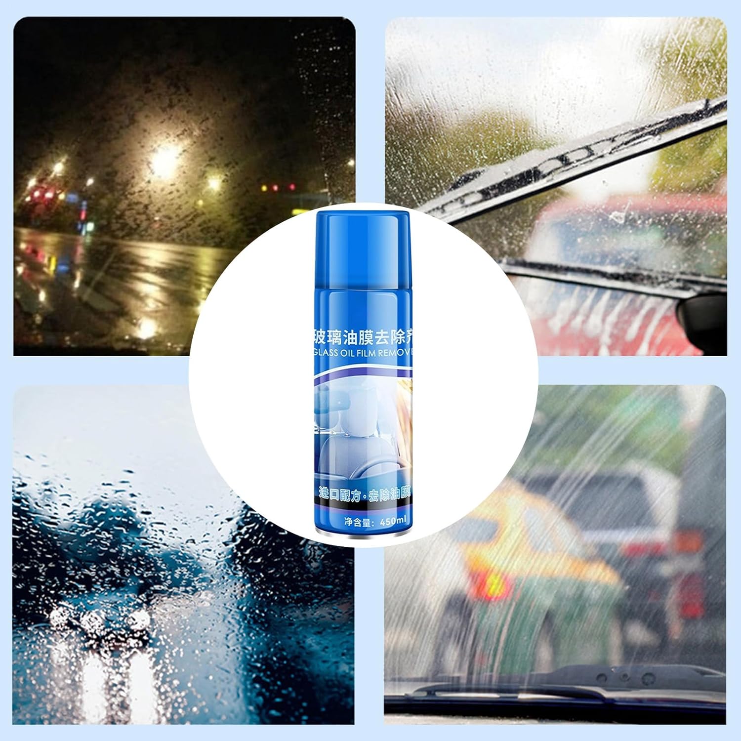 Car Glass Cleaner - Anti-Rain Fog Car Glass Oil Film Cleaner with Sponge and Towel | 450ml No Streak Automotive Window Foam Cleaning Spray for Vehicle Truck Sedan Minivan RV