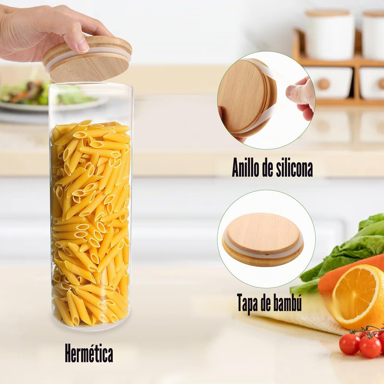Juego de 5 tarros de cristal con tapa, 2100 ml con tapa, herméticos para espaguetis, fideos, cereales