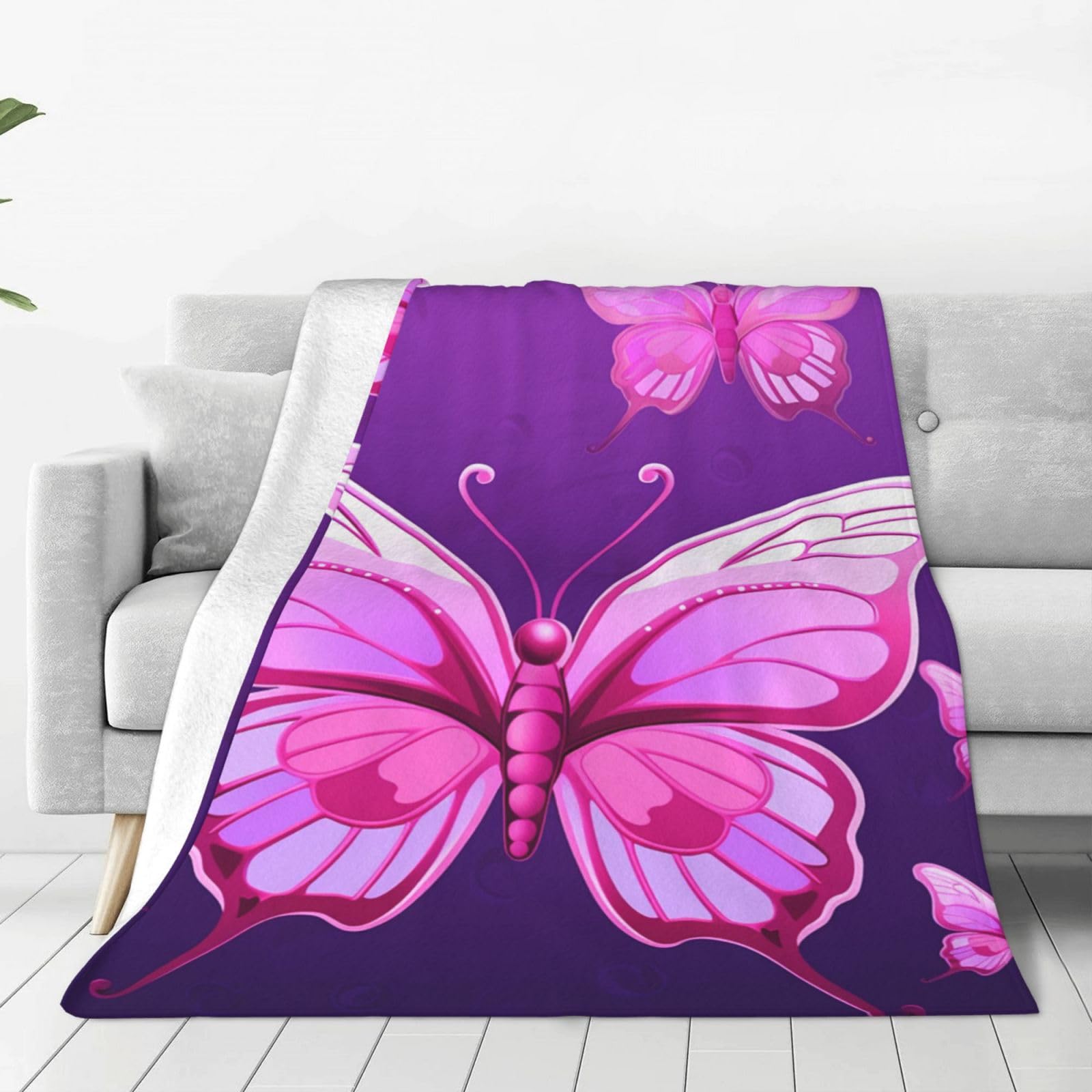 Couverture en flanelle imprimé papillon rose 152x127 cm pour lit et canapé