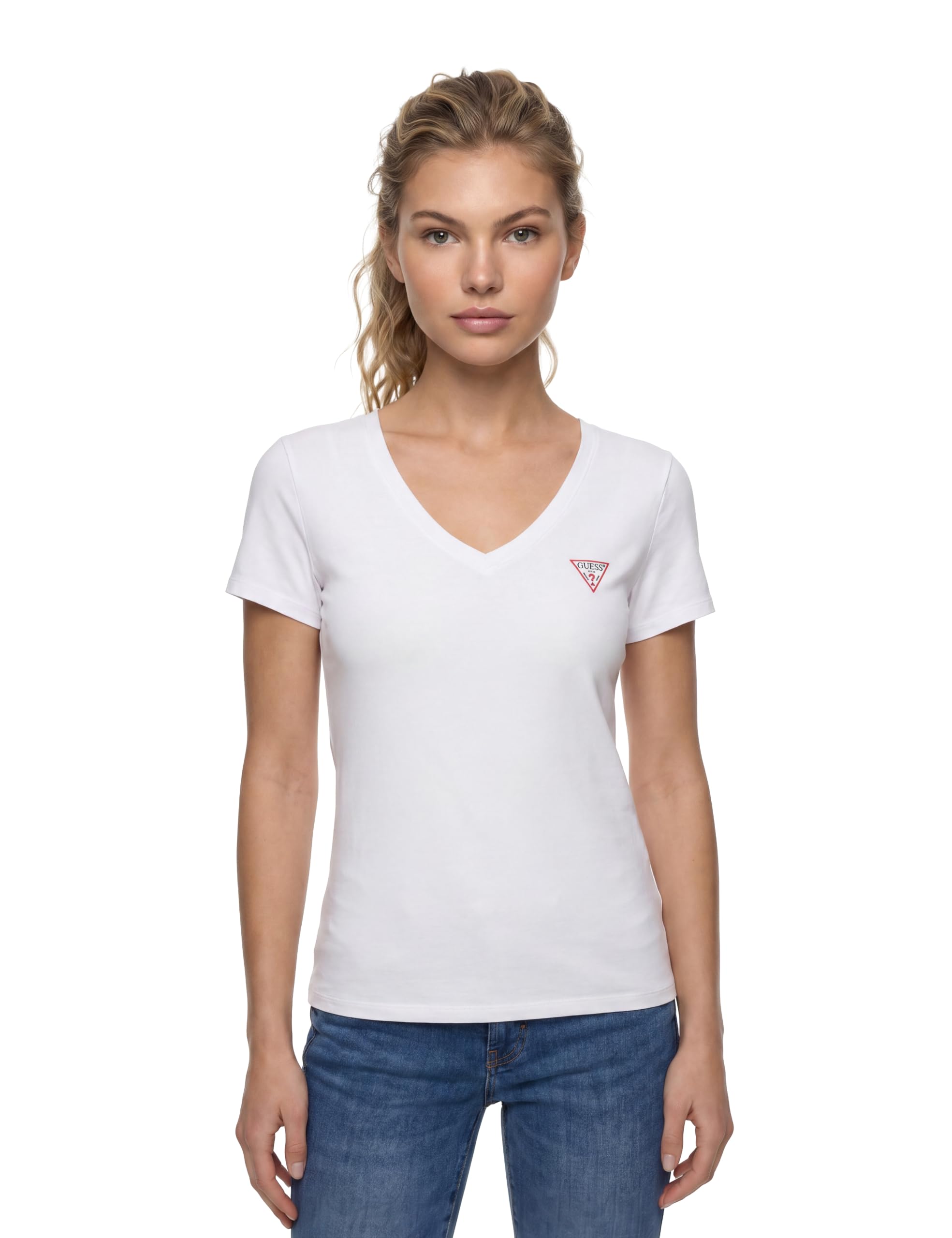Guess Women's Pure White T-Shirt Mini Triangle Tee Slim Fit White