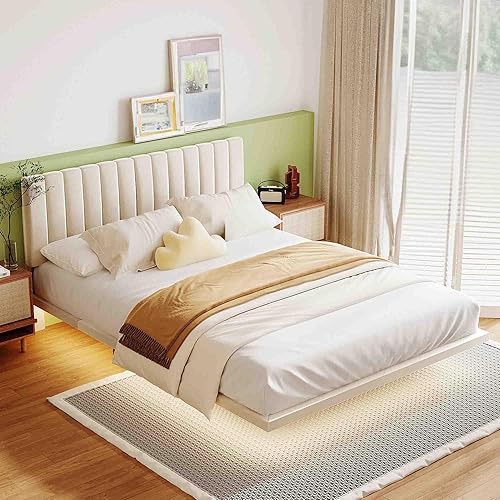 RIDFY Base de cama flotante Queen con luces LED  cabecero, base de cama moderna de tela de terciopelo, base de colchón, soporte de listones, no