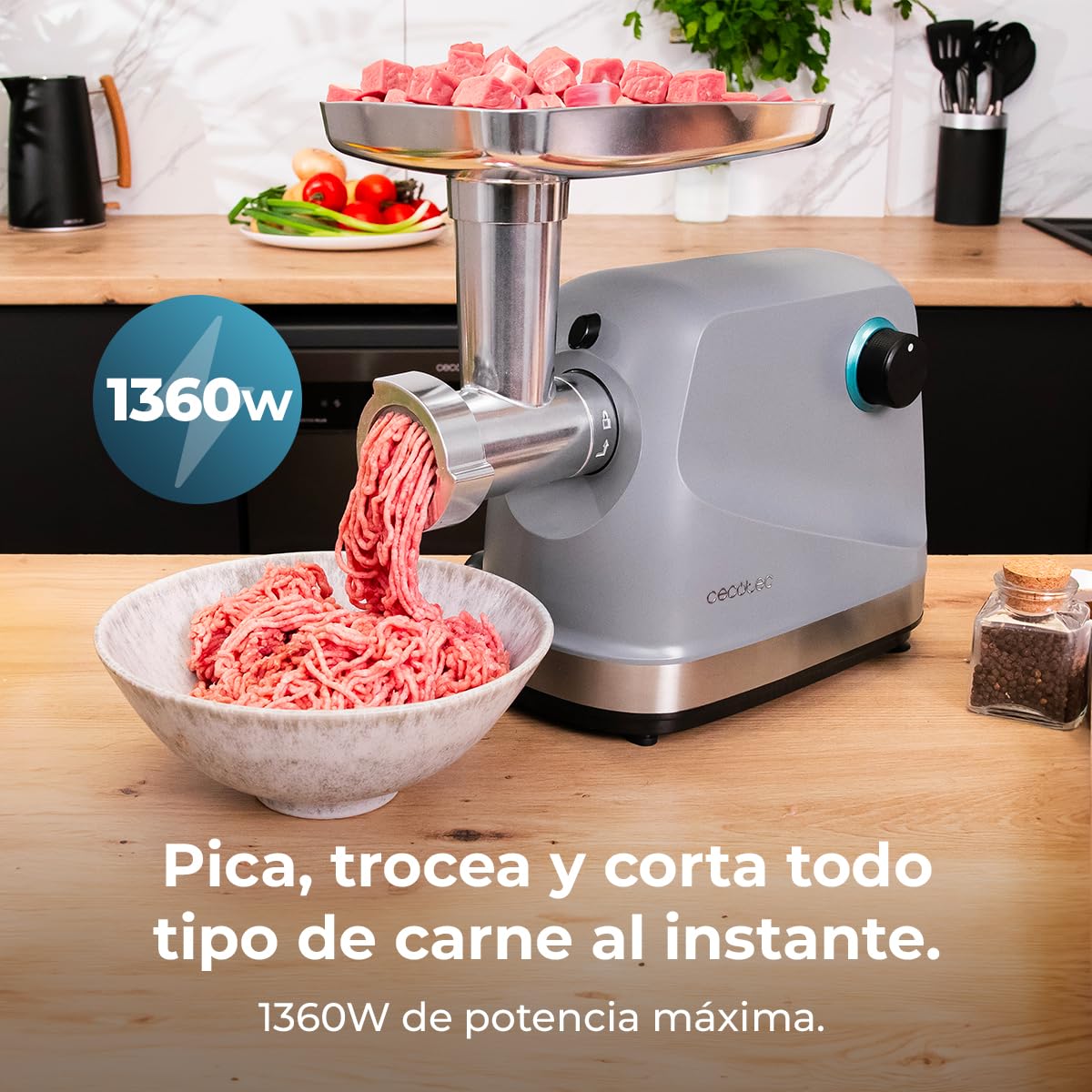 Cecotec Picadora Eléctrica de Carne Crusher 1400 Steel, 1360 W, Óptimo para Picar, Trocear y Cortar, 1 Cuchilla Acero Inox y 3 Placas de Corte con agujeros para 3 mm, 5 mm y 7 mm