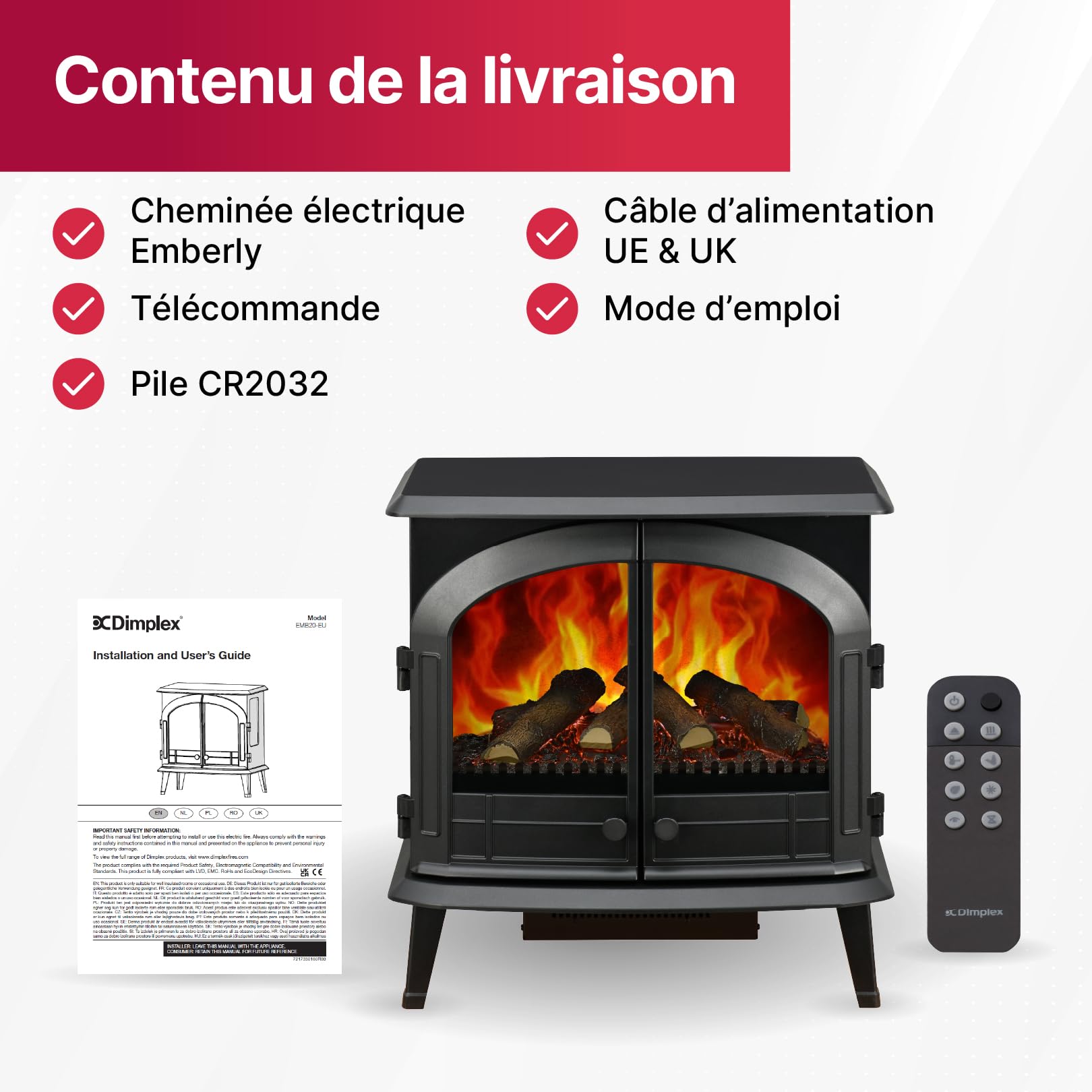 Dimplex Emberly Cheminée Électrique Autoportant 3 Faces Cheminee Electrique Effet Flamme LED Optiflame Chauffage 2 KW Activable Commande Via Télécommande et Application