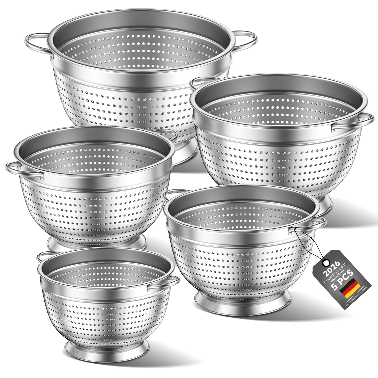 Set di 3 colino da cucina in acciaio inox, 20/24/26 cm, filtro da cucina in metallo con manico, filtro a maglia fine per lavare pasta, verdure, frutta e riso (5)