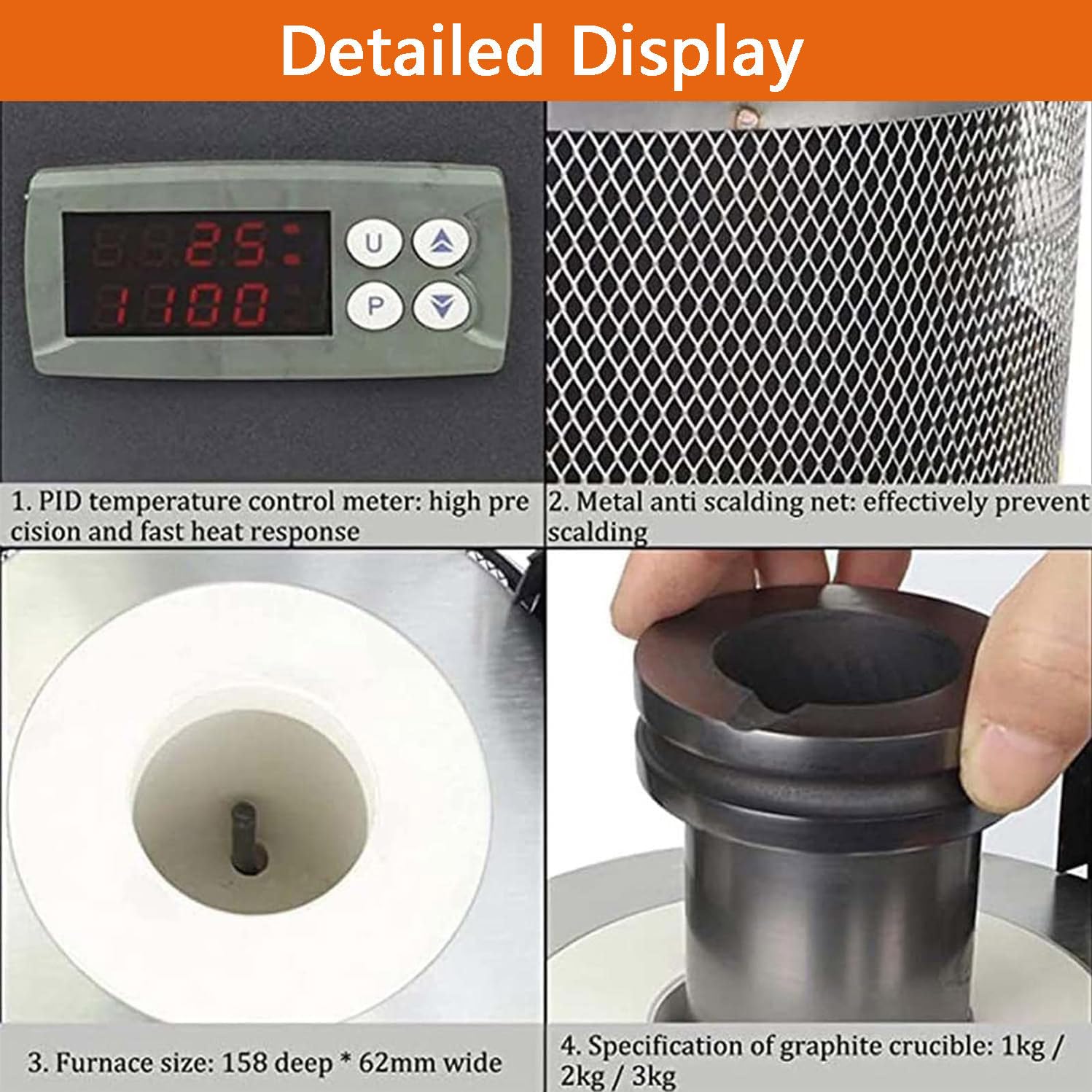 Horno De Fusión Eléctrico De 1400 W Con Crisol De Grafito, Horno De Fusión Automático De Acero Inoxidable Para Metales, Para Fabricación De Joyas, Con Crisol Grafito, Guantes Seguridad,Black-1KG+2KG