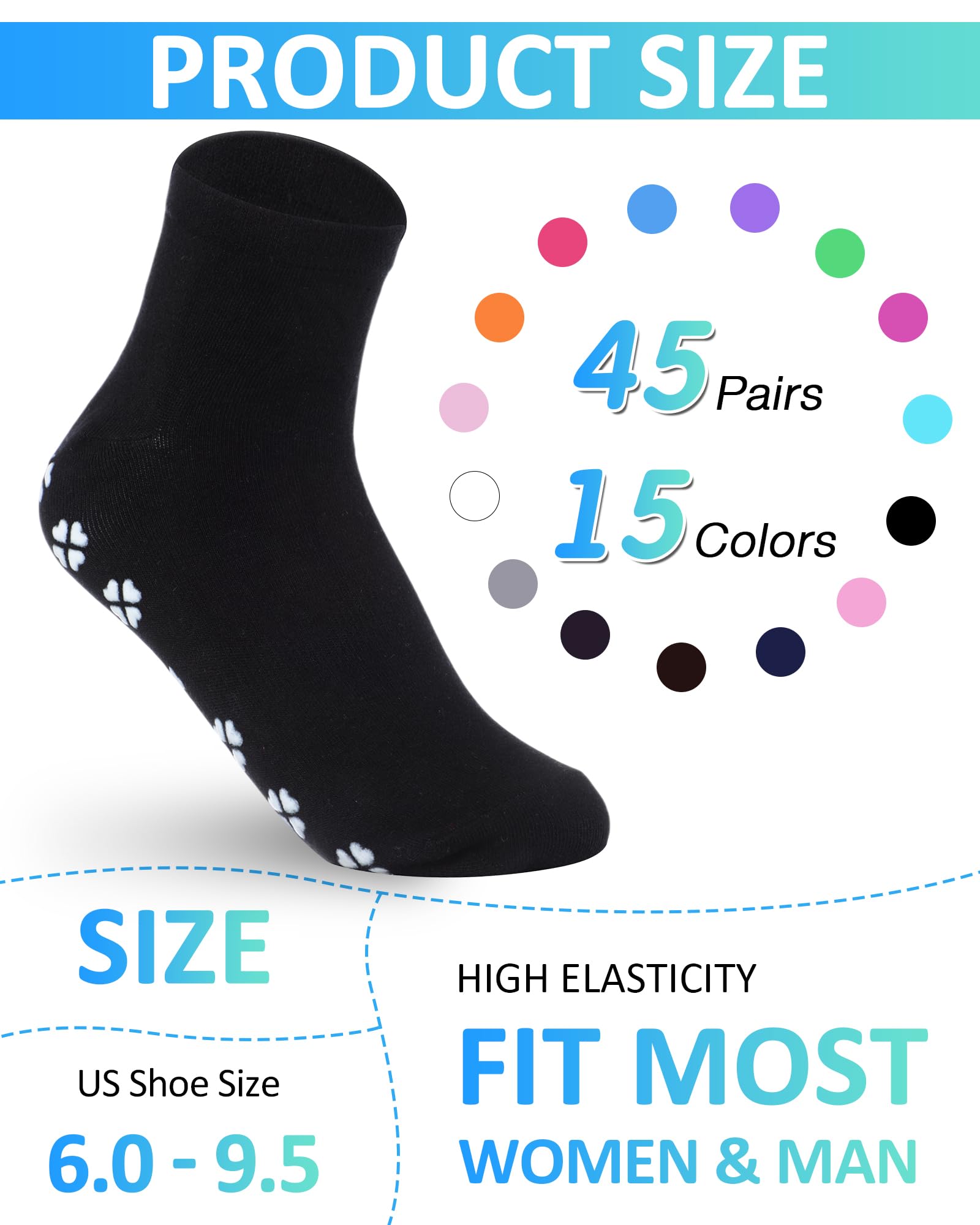 Vicenpal 45 paia di calzini antiscivolo calzini antiscivolo calzini da yoga da donna e uomo calzini a pantofola con pinze a prova di piede, calzini antiscivolo per ospedale Barre Pilates, 15 colori,