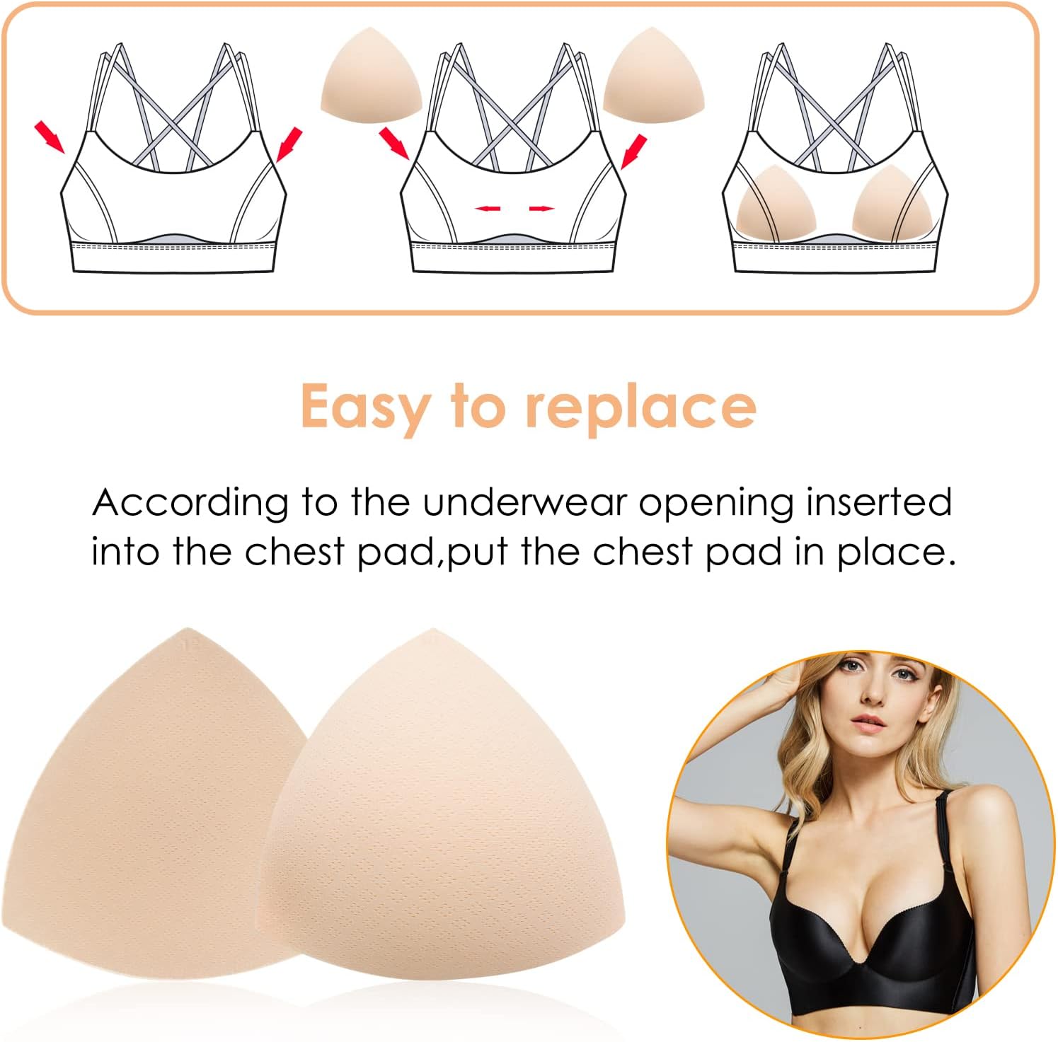 2 Pairs Bra Pads Inserts, Triangle Breathable Bra Inserts Skin Color Removable Breast Padding Bra Pads for Women Girls - Image 5