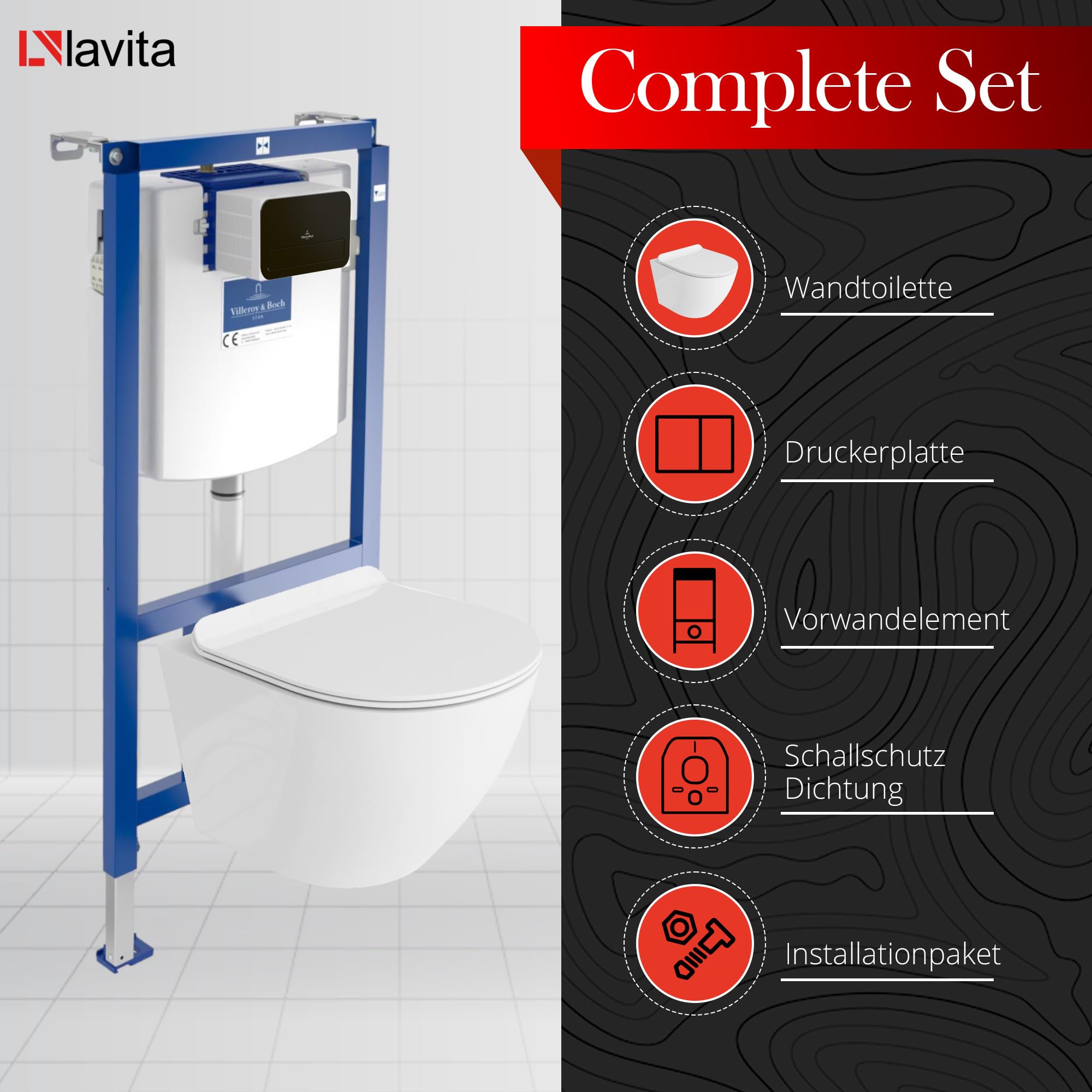 ViConnect H112 - Inodoro empotrado con placa de control y pared para colgar, fregadero profundo, color blanco, sin bordes, juego completo, cisterna empotrada, inodoro completo