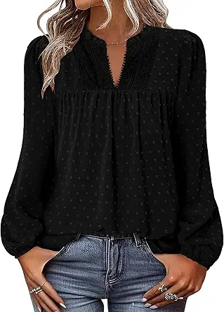 BETTE BOUTIK Women Boho Long Sleeve Shirts Dressy Casual V Neck Fall Fashion Tops Swiss Dot Flowy Blouses