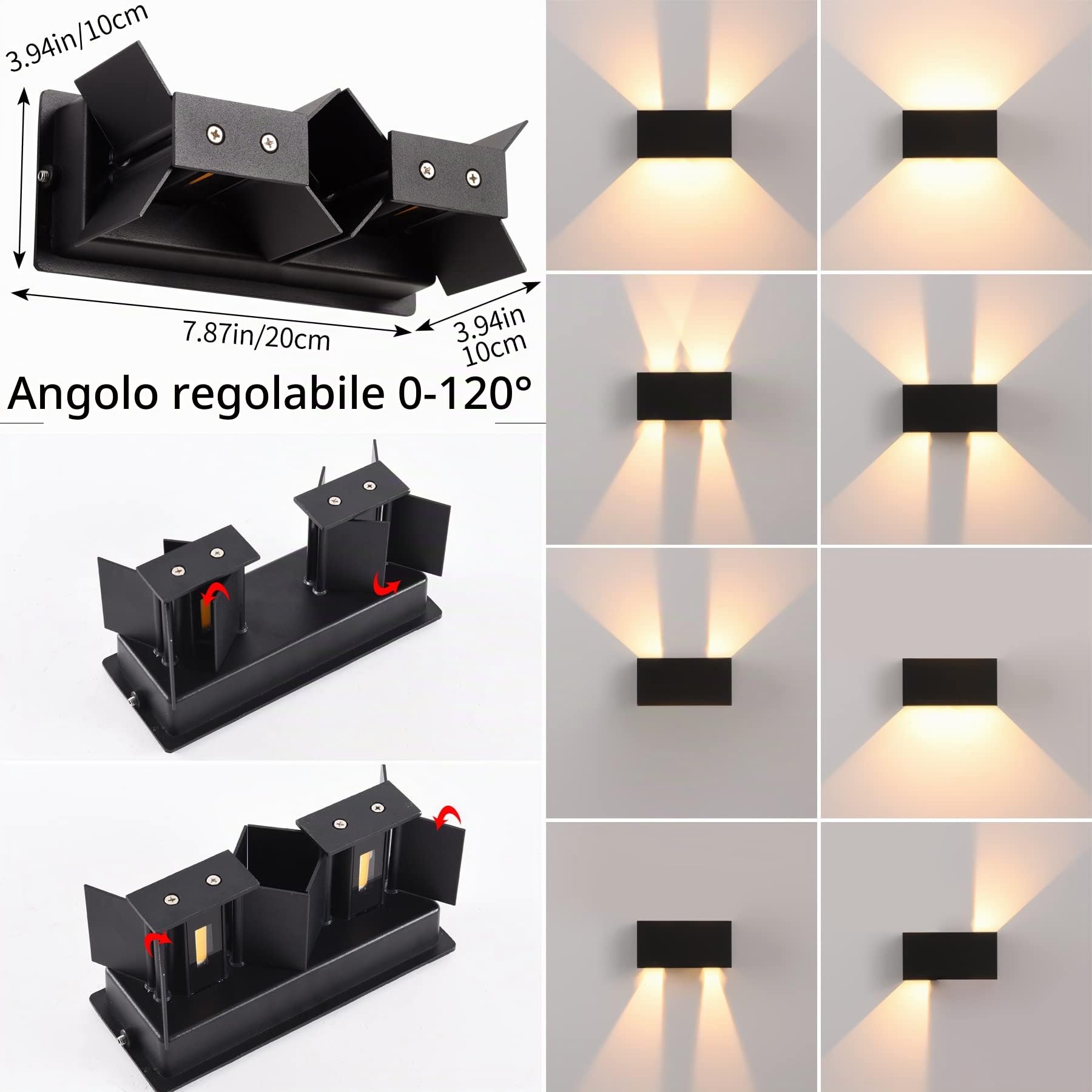 Applique da Parete 24W LED Moderno Lampada da Parete Esterno Interno Bianco Caldo 3000K Lampade a Muro Angolo del Fascio Regolabile IP65 Impermeabile Aplique Nero Alluminio per Corridoio Giardini