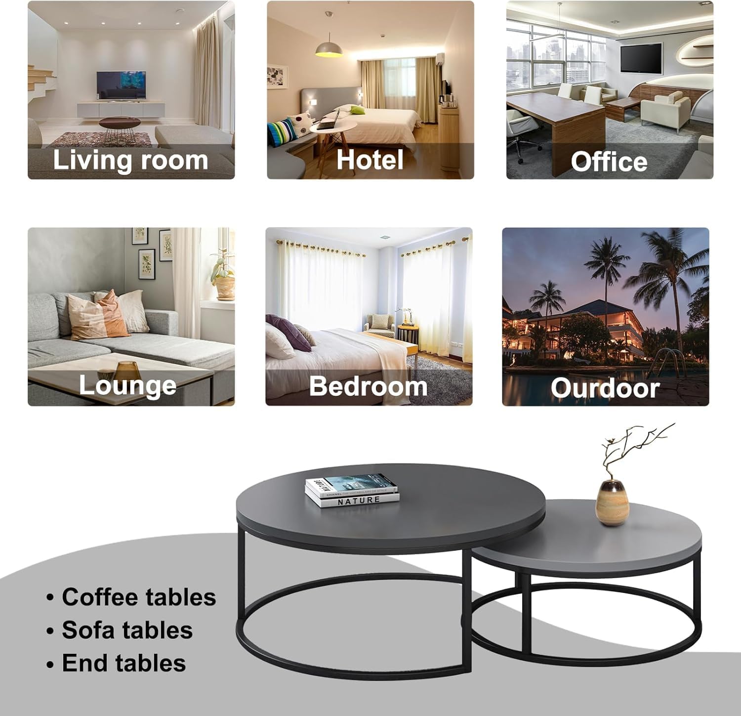 Round Nesting Coffee Table Set of 2, Modern Minimalist Accent Tables for Living Room, Bedroom, Office, Stackable Side Tables (Light & Dark Gray)