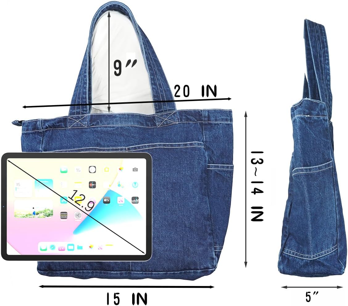 YunZh Denim Tote Bag Casual Style Lightweight Classic Retro Travel Shopper Shoulder Handbag - Image 4