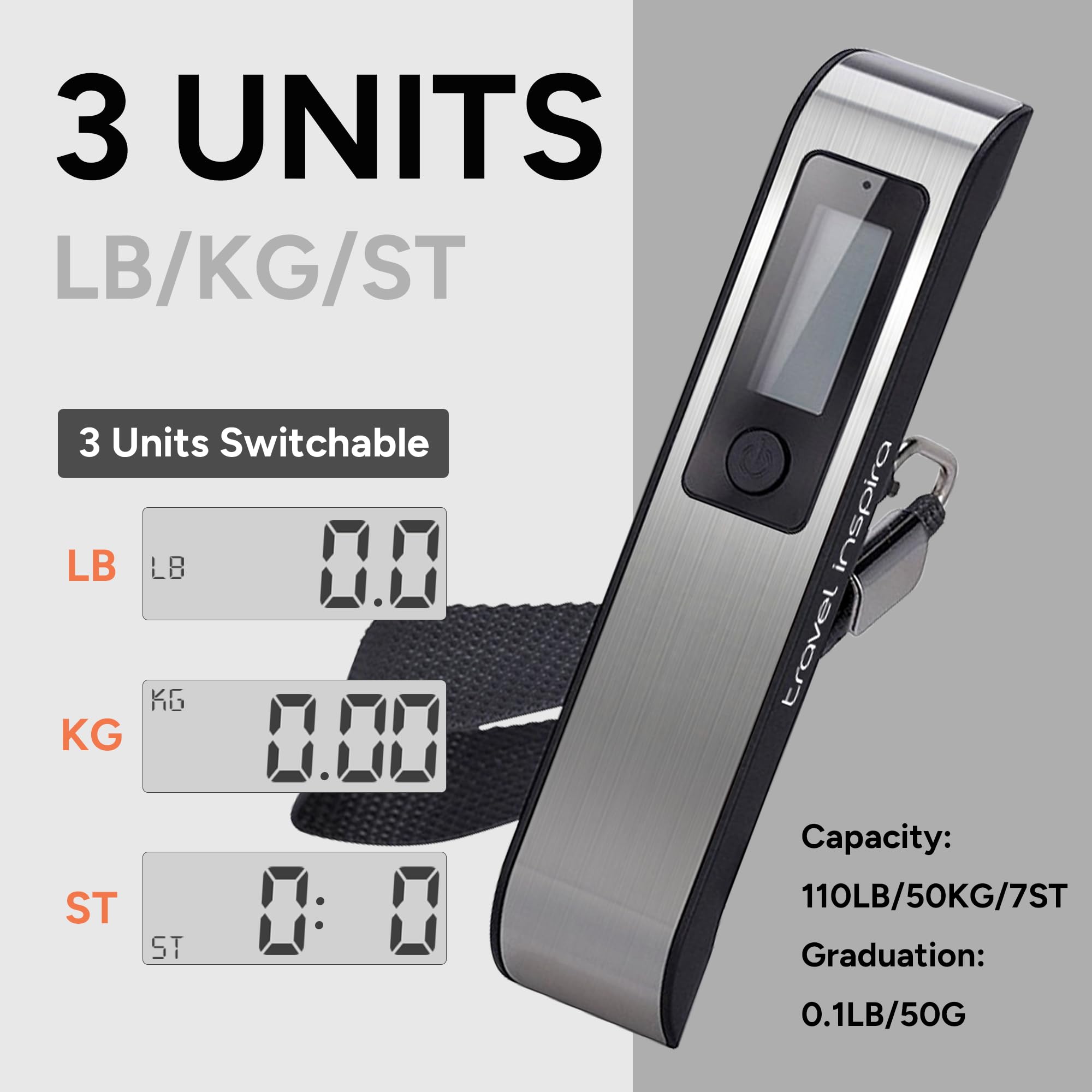 travel inspira Digital Luggage Scale – Portable Hanging Suitcase Weight Scale for Travel, 110 lb Capacity, Backlit LCD Display, Prevents Airport Overweight Fees, Battery Included view 4