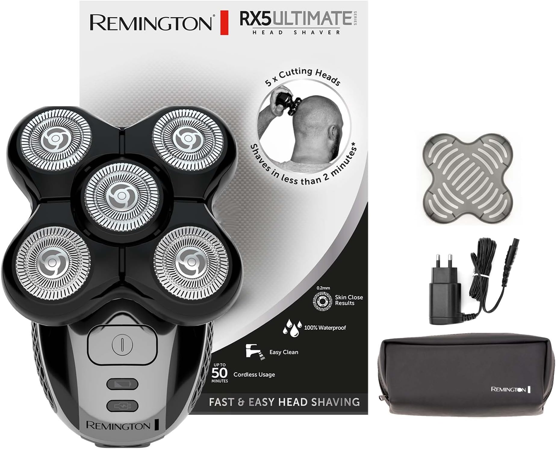Remington RX5 Ultimate Series Head Shaver, Hair Clipper, Cordless Bald Shaver, 5 Heads, Flexible, 100% Waterproof, Toiletry Bag, Black - XR1501