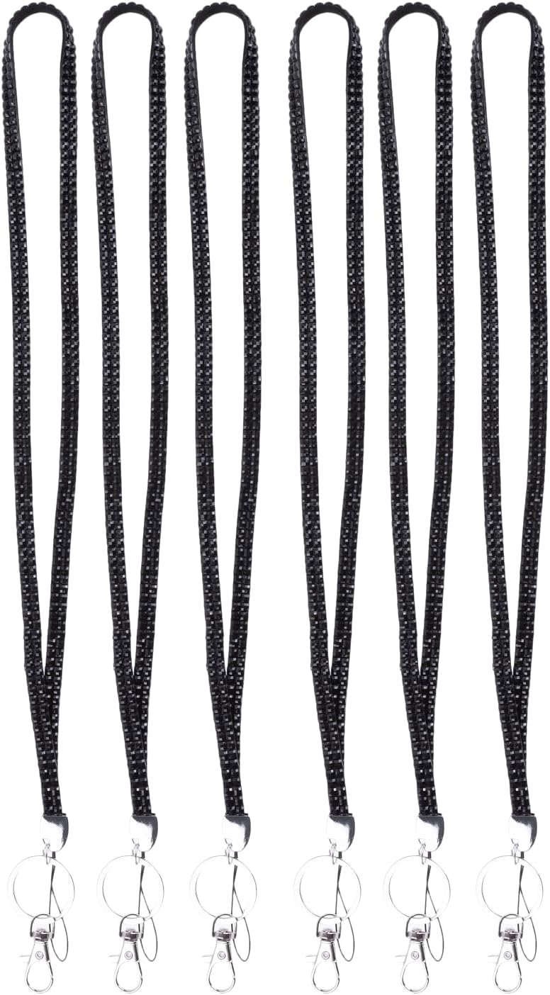 Fashion 32" Crystal Rhinestone Lanyard, Bling Sparkly Neck Strap with Swivel Clip and Key Ring, Black, 6 Pack