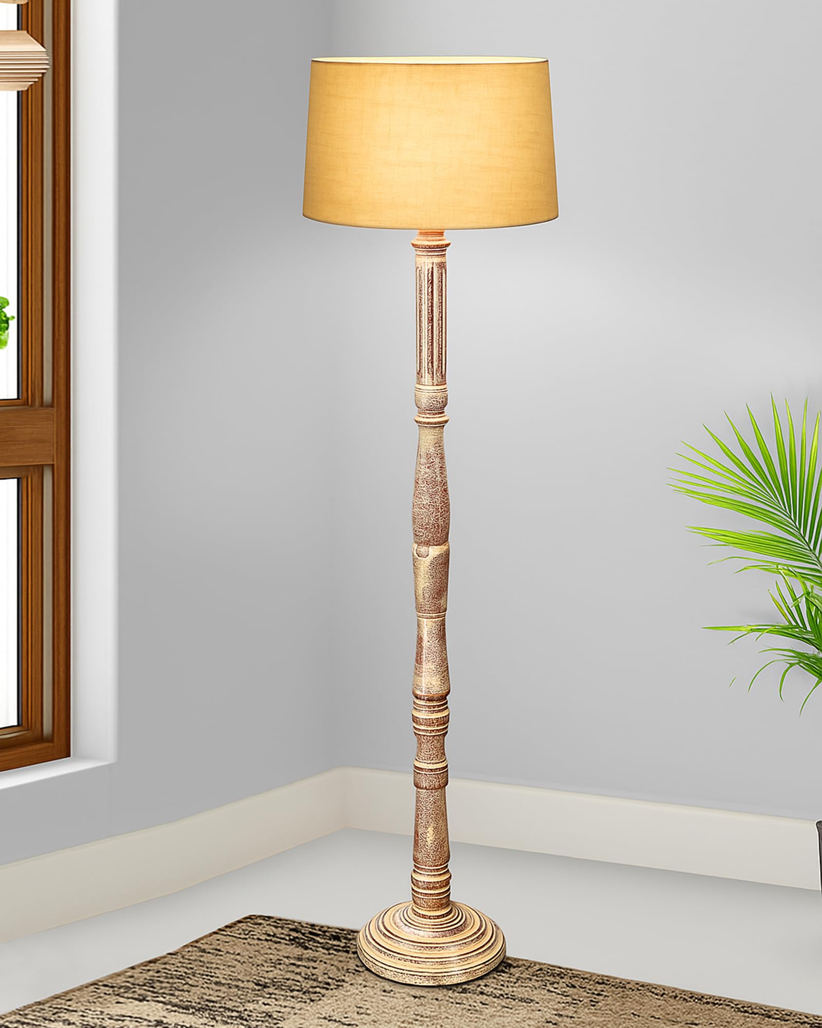 Homesake®Rustic Wood Floor Lamp in Walnut Brown Multicolor Fabric Lamp Shade | Light Decoration for Home Corner | Living Room Bedroom Bedside Floor Lamp, Antique Floor Light, Roman Voyage, Off-White-image-17