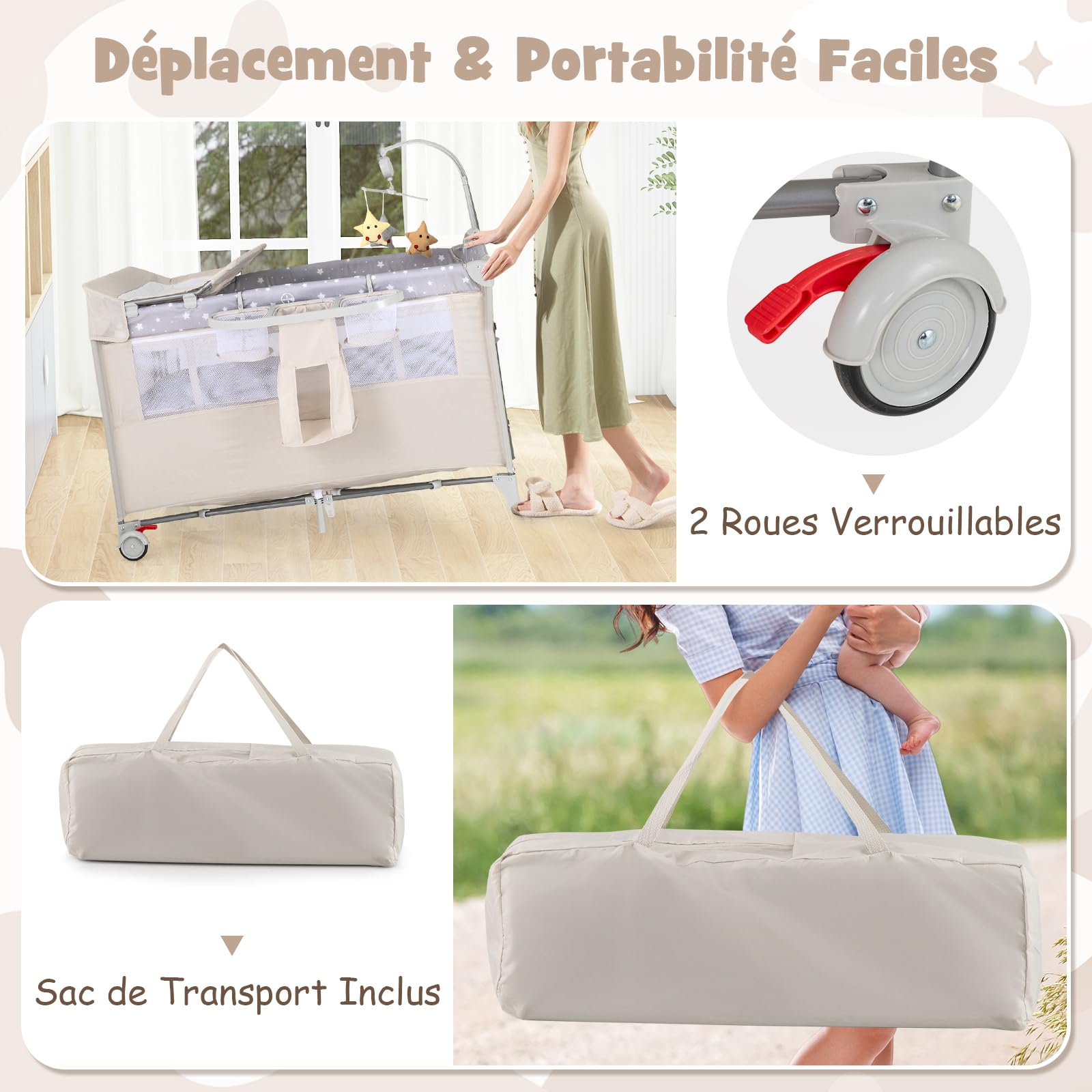 COSTWAY 5 en 1 Lit Parapluie Bébé avec Matelas et Table à Langer Amovible, Lit Bébé Évolutif avec Boîte à Musique et Jouets Suspendus, Hauteur Réglables pour Bébé de 0-3 Ans (Beige)