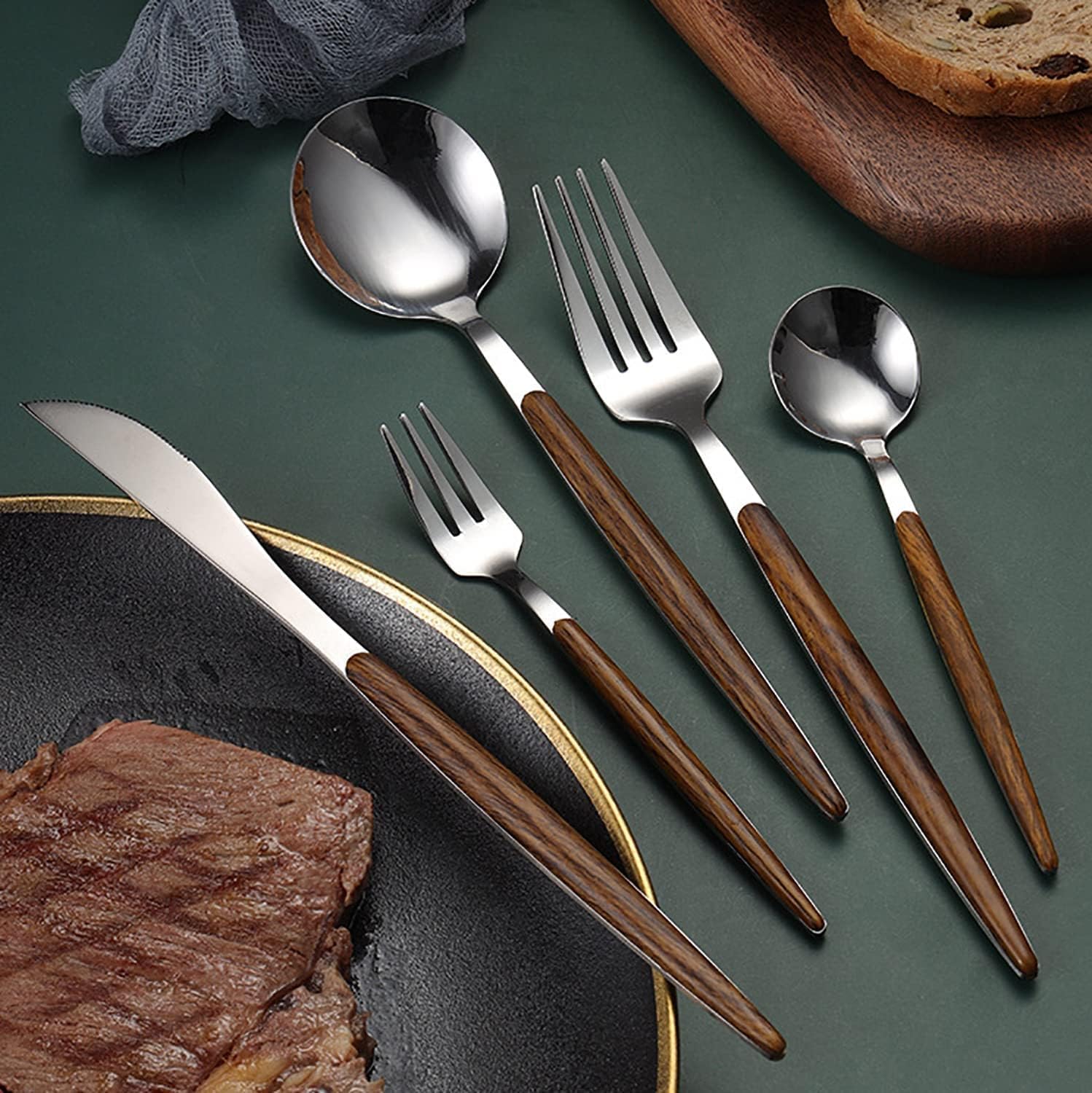 Ensemble de Couverts en Bois 50 pièces, en Acier Inoxydable Durable avec Manche en Bois, Comprenant Couteaux, fourchettes et cuillères délicats. Service de Table idéal pour la Cuisine, notam