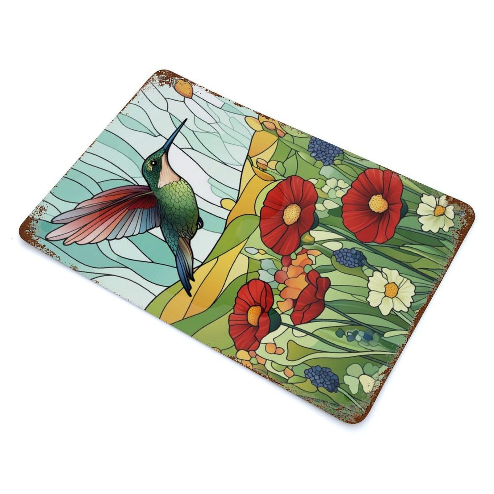 Hummingbird in Flower Garden Vintage Wall Sign 11.8"x7.9", Rust Effect Metal Decor for Patio, Garden Room And Bar Decor