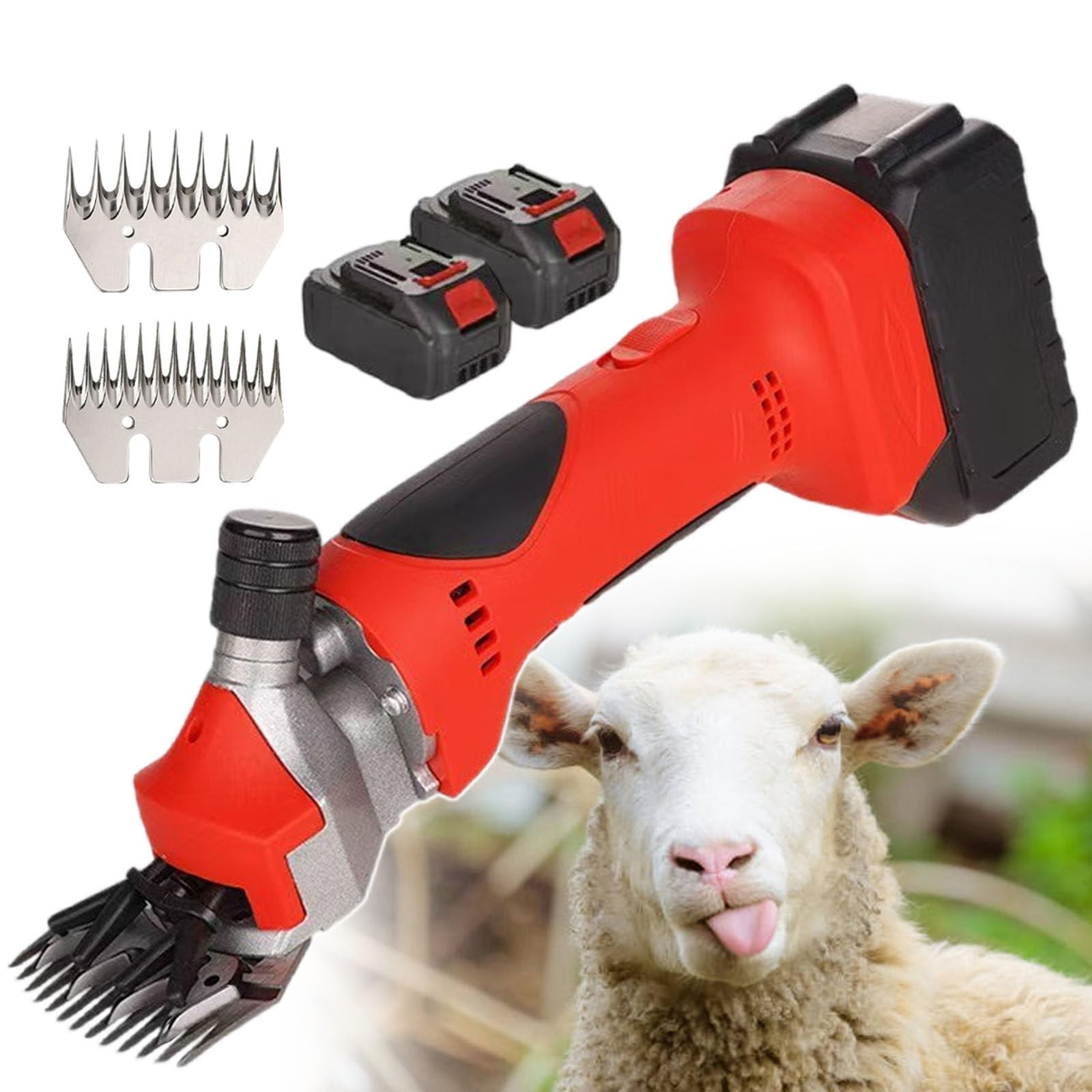 Tosatrice Elettrica per Pecore, Tosatrice Portatile A 6 velocità per Pecore,Capre,Alpaca,Bovini,Cavalli,Batteria da 1300 mAh,Include Custodia per Il Trasporto E 2 Lame Red-2Batteries