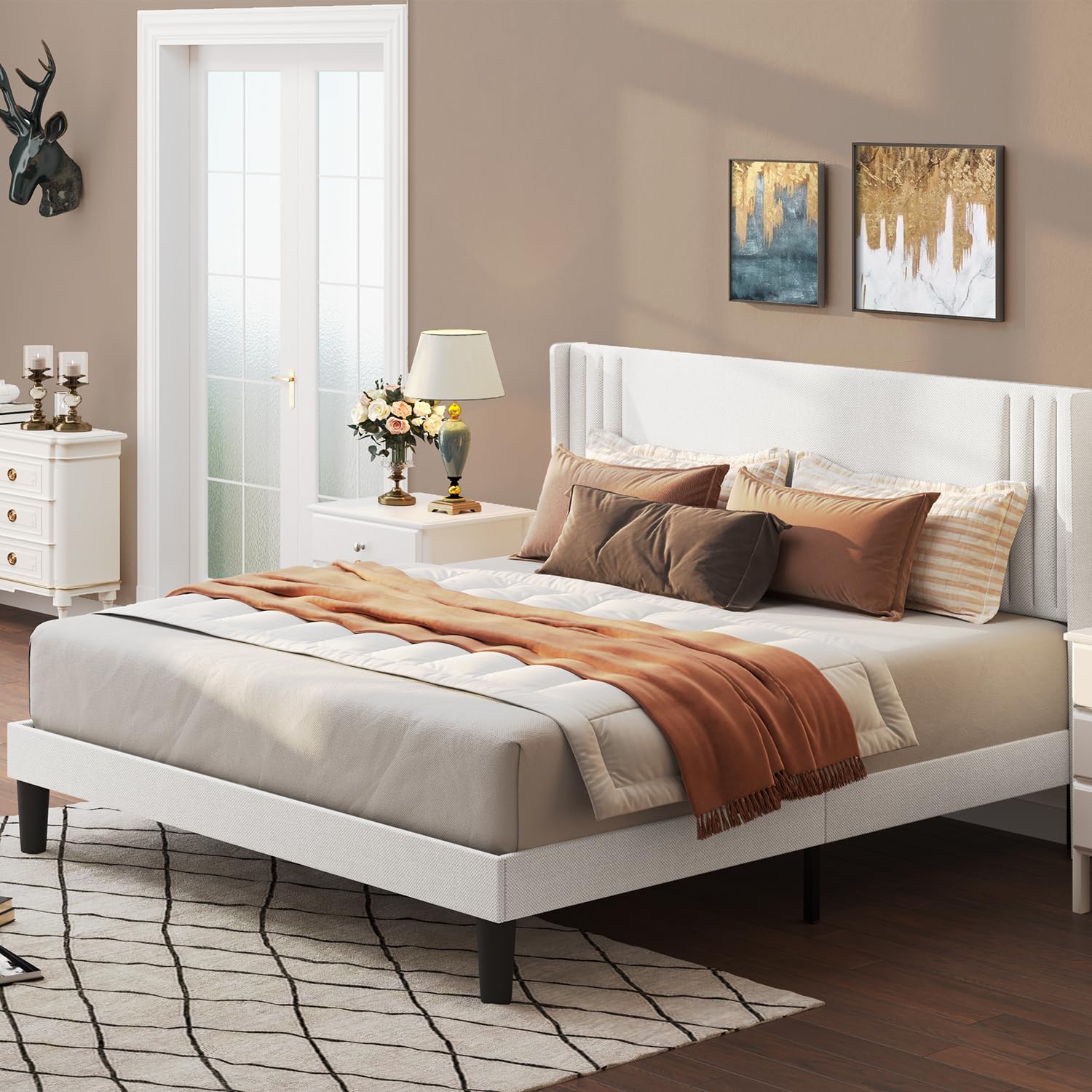 gizoon full bed frame with wingback headboard upholstered platform bed with modern geometric headboard wooden slats noise-free no box spring needed