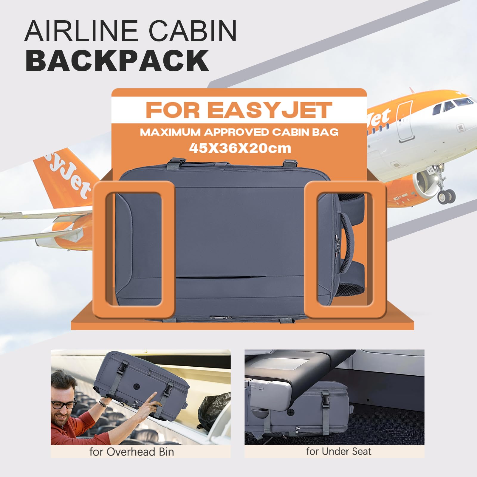 Xkdoai Bagaglio a Mano per Easyjet 45x36x20 Zaino da Viaggio Zaino per Easyjet 45x36x20 con 3 Organizzatori Bagaglio a Mano con Tasca Antifurto