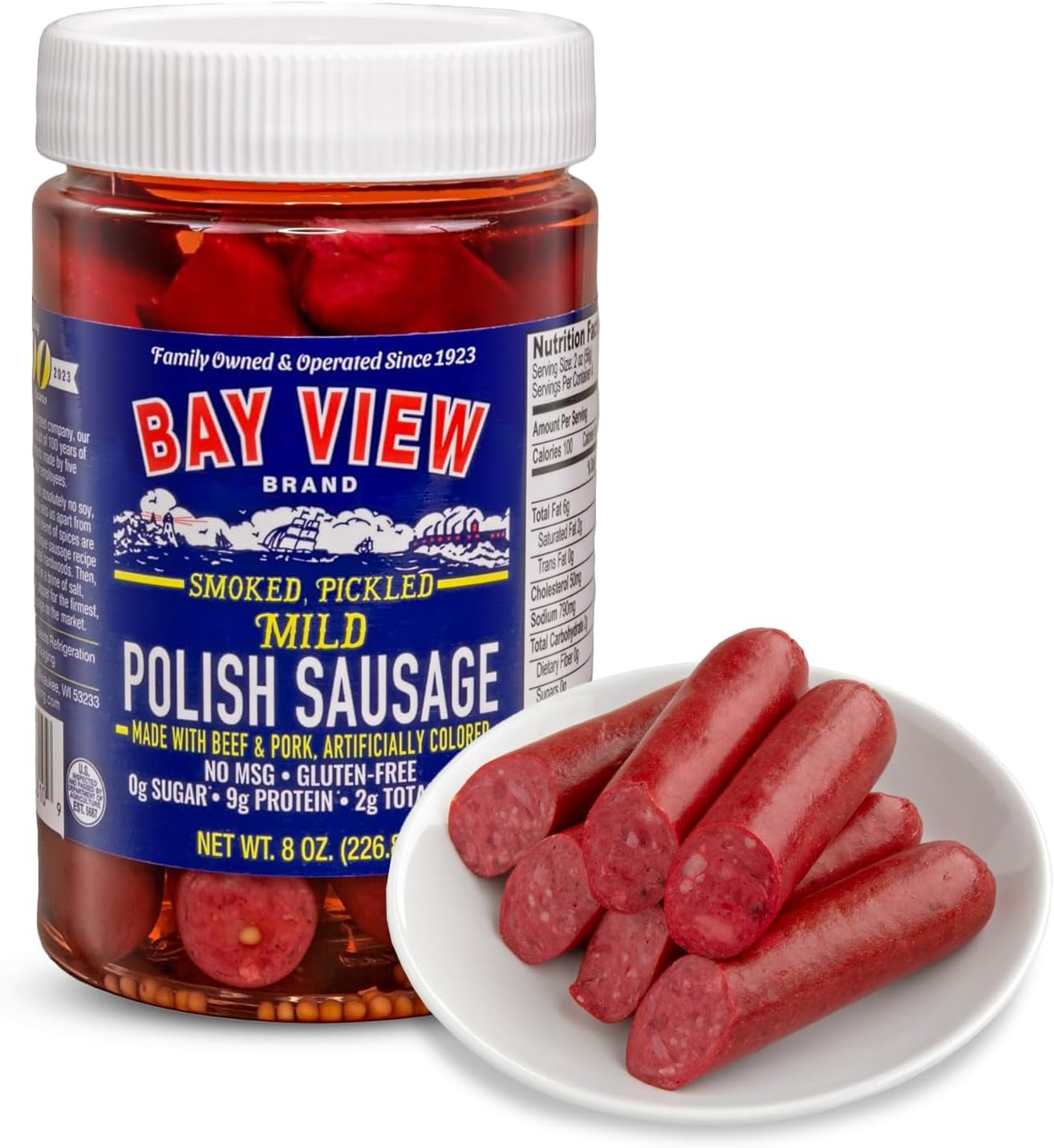 Bay View Smoked Pickled Polish Sausage, No MSG, Gluten Free, No Soy, 0g Sugar, 9g Protein, Hardwood Smoked, Mouthwatering Pickled Snack (8 Ounce, Mild)
