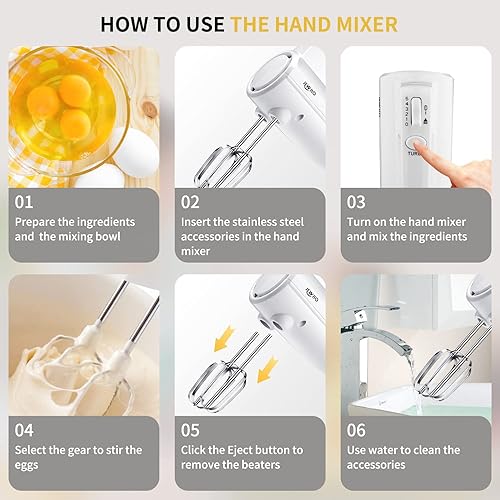 Miniatura 5 de JEWJIO Pro - Batidora de mano eléctrica de 250 W, 5 velocidades + mezclador de mano Turbo con 5 accesorios de acero inoxidable, estuche de