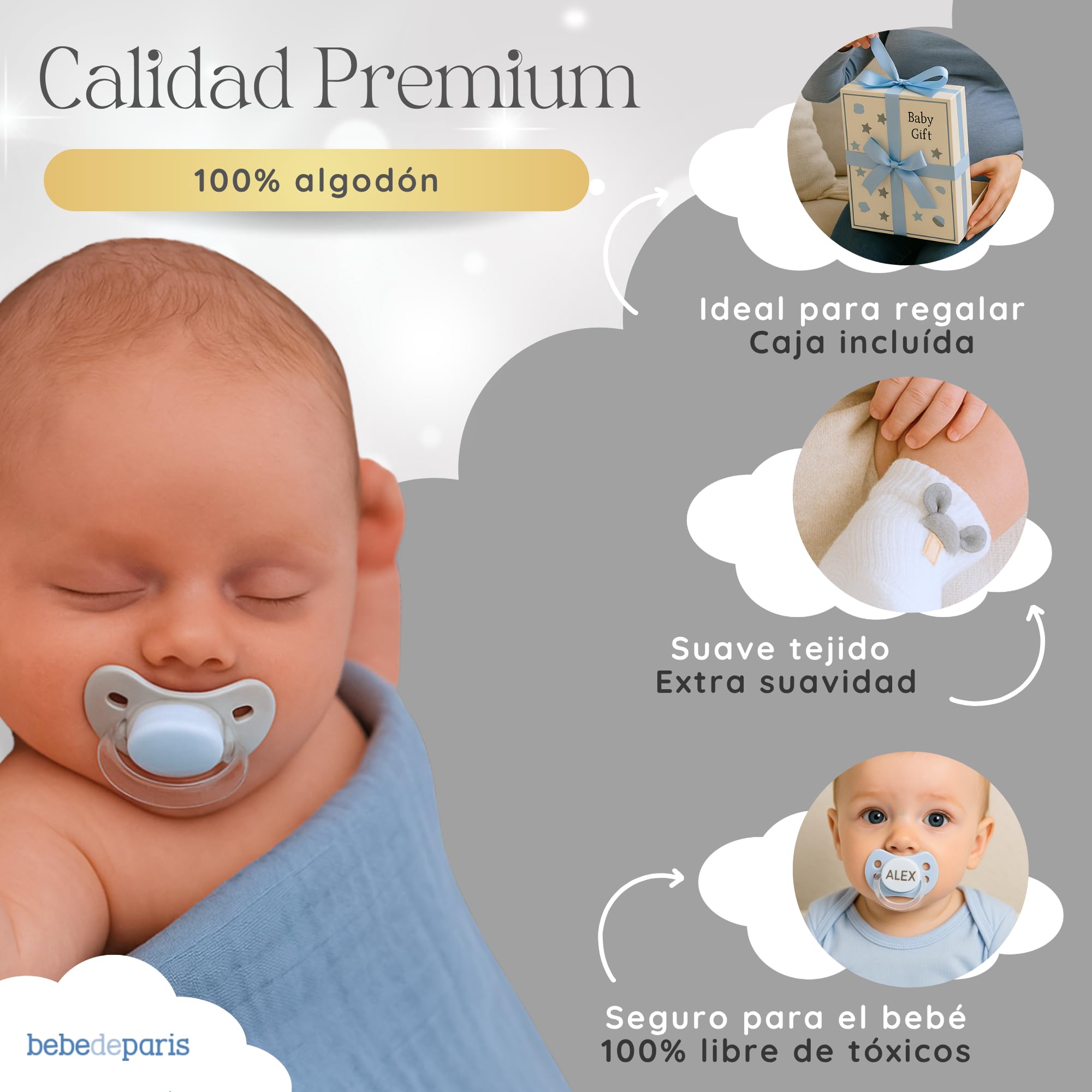 Regalo Bebé Recién Nacido Niño y Niña Con Muselina Bordada | Chupete y Calcetines | Canastilla Ideal Para Un Regalo Suave | Cesta Personalizada (Azul) | BebeDeParis