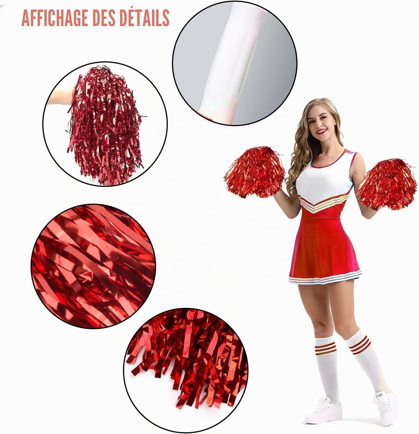 KOMUNJ Lot de 2 pompons de pom-pom girl avec poignée pour jeux de ballon, danse, fête (rouge)