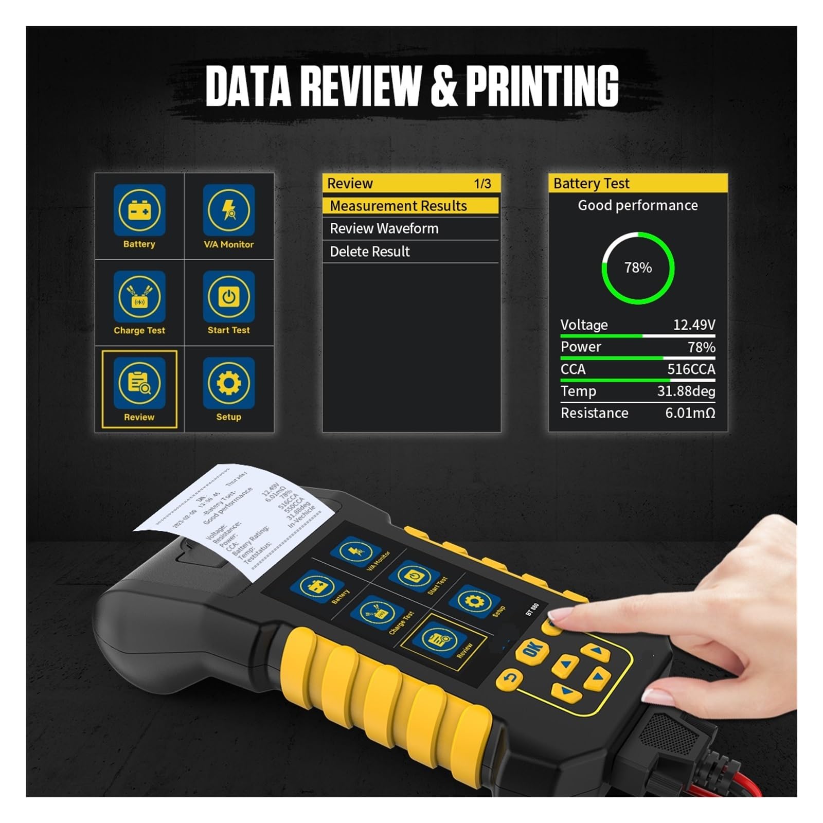 Comprobador de Batería, Probador de batería BT880 con Impresora Analizador de batería Probador Capacidad de la batería del automóvil Probador de Carga de Carga máxima