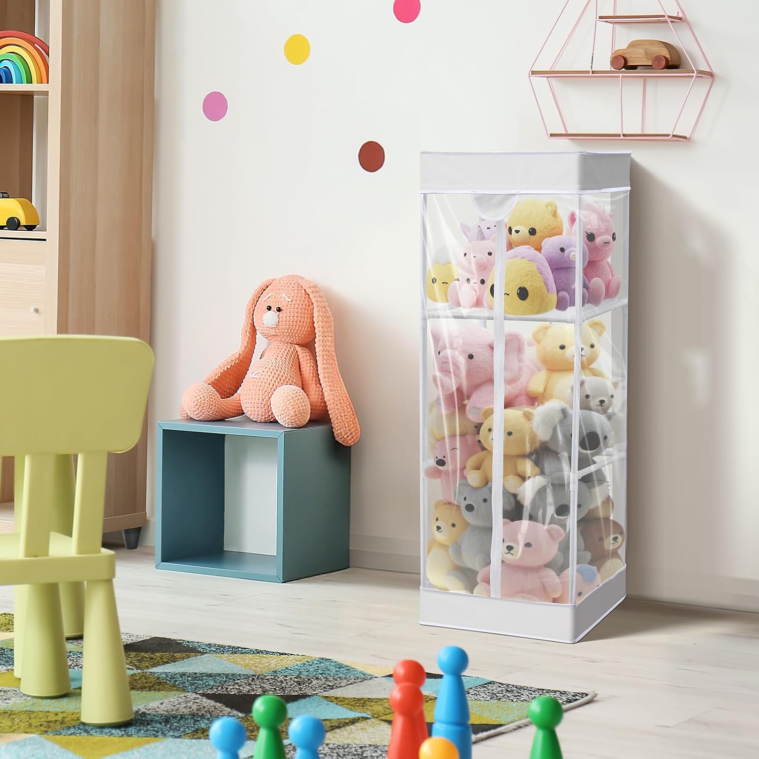 2-tier Plush Toy Stuffed Animal Storage Organizer with Zippered Large Stuffed Toy Holder PVC Waterproof Dustproof Cover 47. 2 Inch Stuff Animal Organizer Holder for Nursery (White)