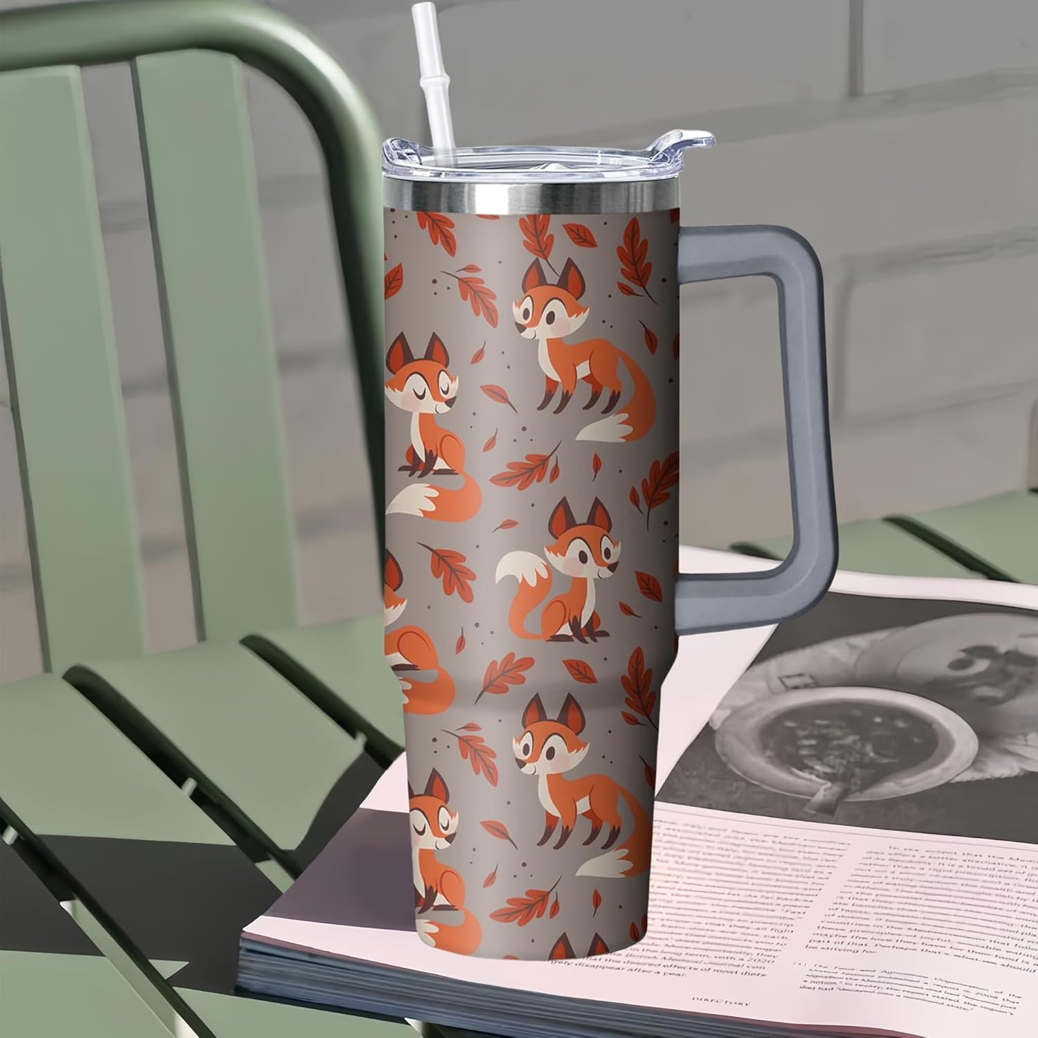 30 oz Fox Tumbler with Handle and Straw, Insulated Stainless Steel Cup with Lid, Travel Coffee Mug Water Bottle, Gifts for Woman Animal Lovers - Image 6