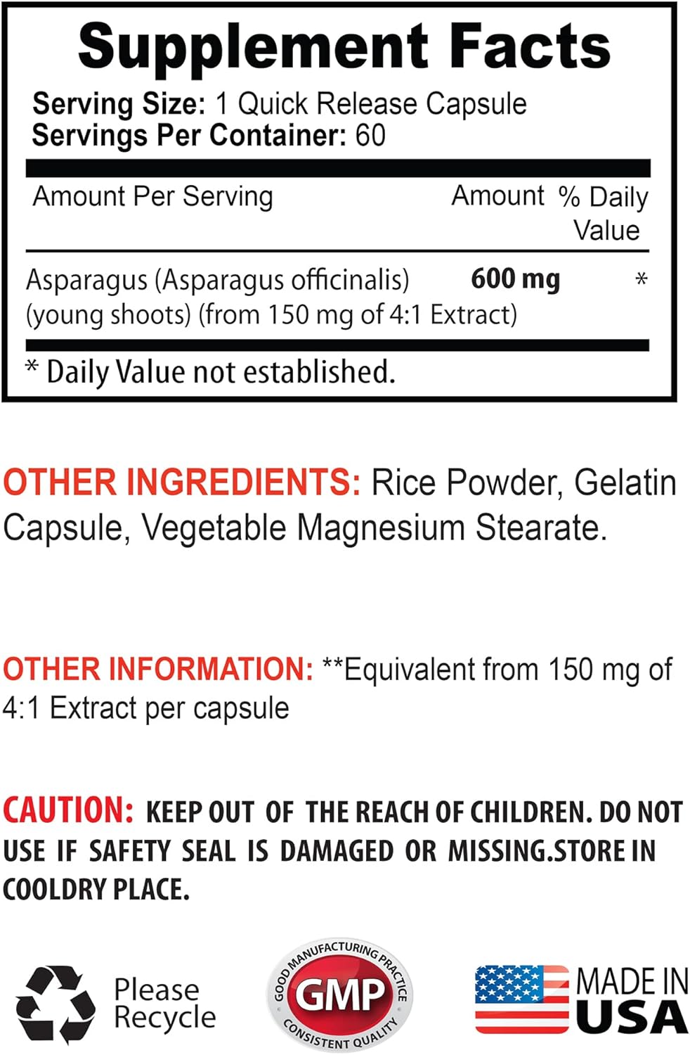 Asparagus Young Shoots Capsules - Asparagus 600 MG - Young Shoots Extract - Asparagus - Asparagus Seeds - Asparagus Pills - antioxidant Supplement - Asparagus Root Extract - 1 Bottle 60 Capsules