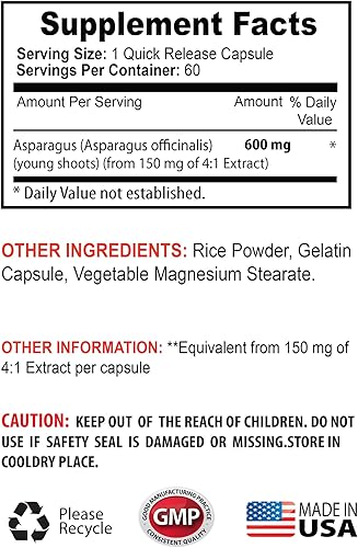 Miniatura 5 de Píldoras diuréticas - Espárragos 600 mg - Extracto de brotes jóvenes - Suplemento dietético premium - Suplemento antioxidante para la piel -