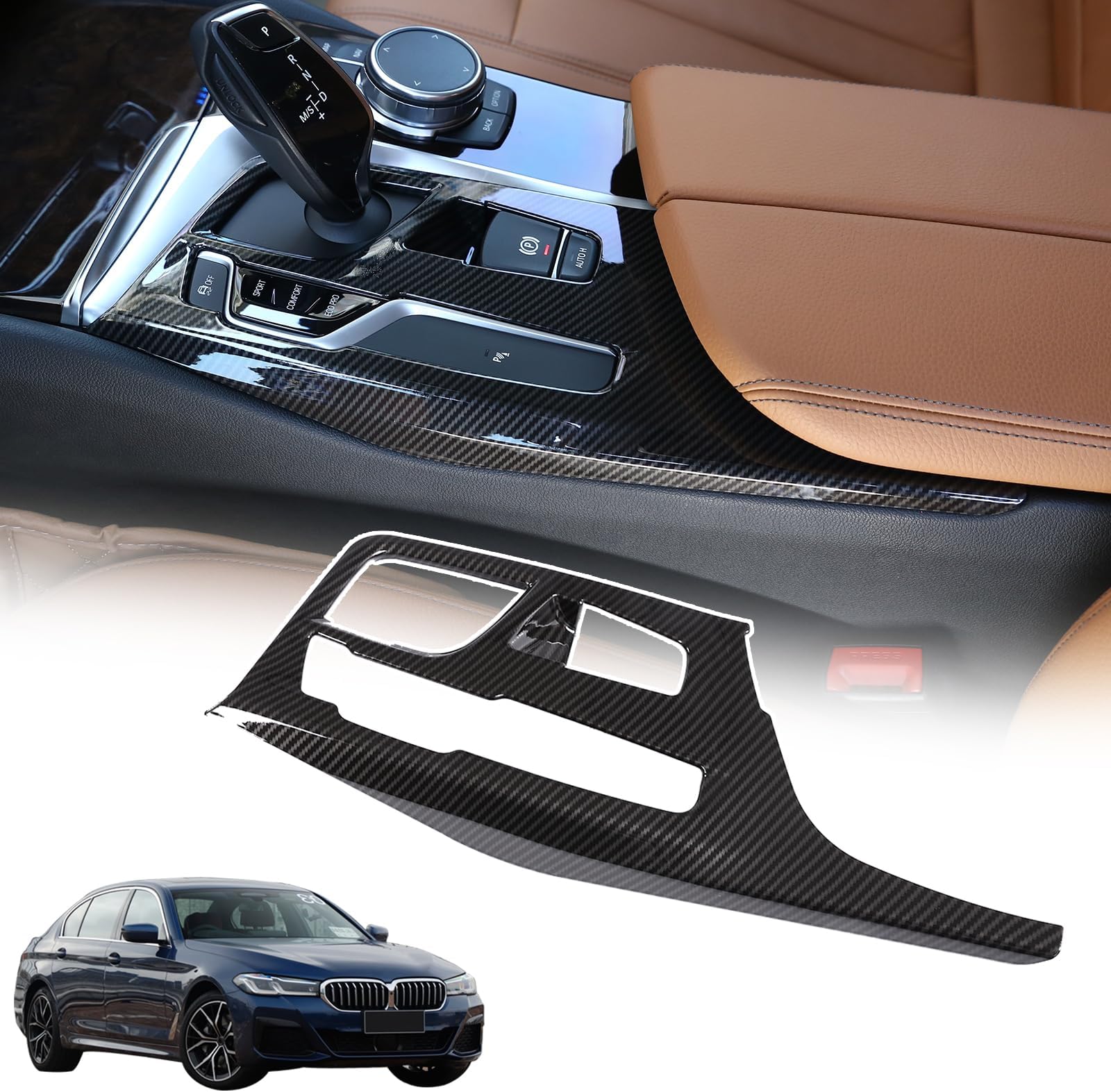 Sekhyna Car Control Shift Knob Panel Gear Button Trim Frame Compatible with BMW 5 Series G30 G38 2018-2022 Center Console Gear Shift Panel Decor Cover Interior Accessories 1PCS (ABS Carbon)