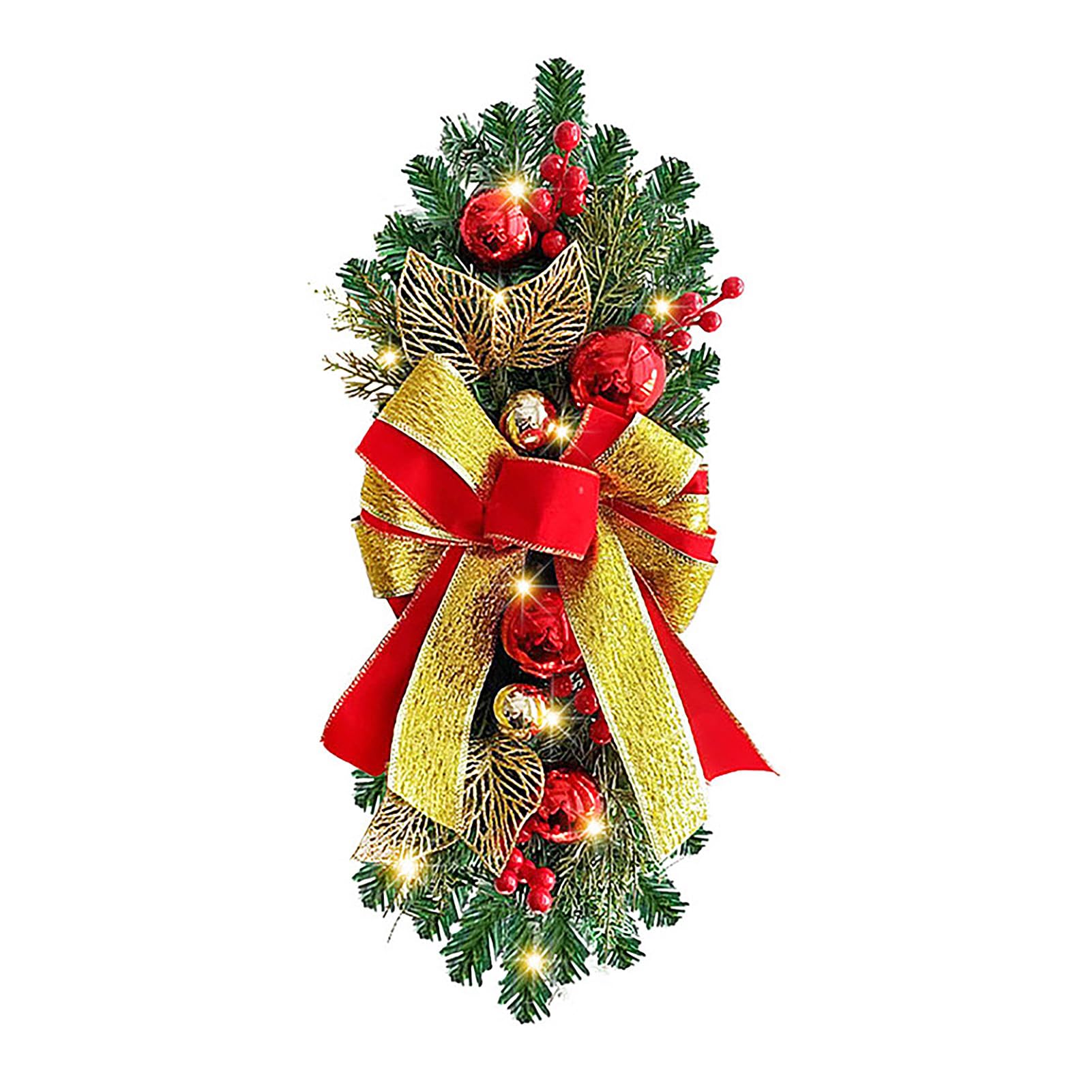 IUIBMI 17.7 inch Prelit Christmas Teardrop Swags Christmas Stair Swag Decorations with Bowknot and Red Berries Hanging Pendant Stair Swags for Front Door Stair Home Decor (Christmas