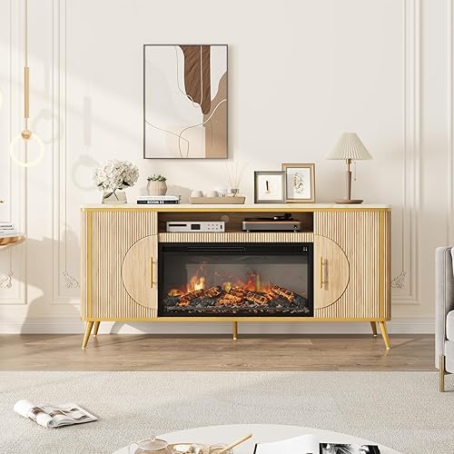 Miniatura 3 de Soporte de TV con chimenea acanalada de hasta 80 pulgadas, moderno centro de entretenimiento con chimenea eléctrica de 30 pulgadas, consola Roble